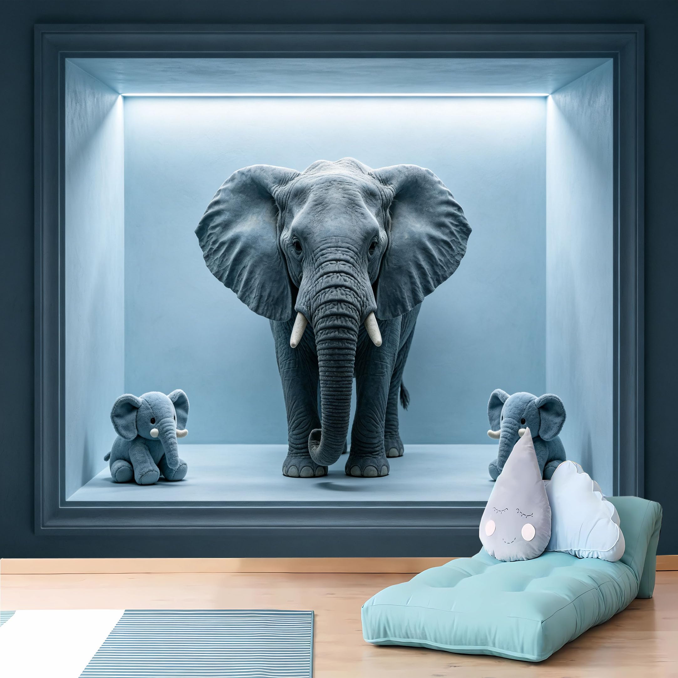 Custom Size Wall Murals 3D Blue Niche with Elephant and Stuffed Elephants HD Self-Adhesive Wall Fabric (NO PVC) Removable Wallpaper for Kids Room