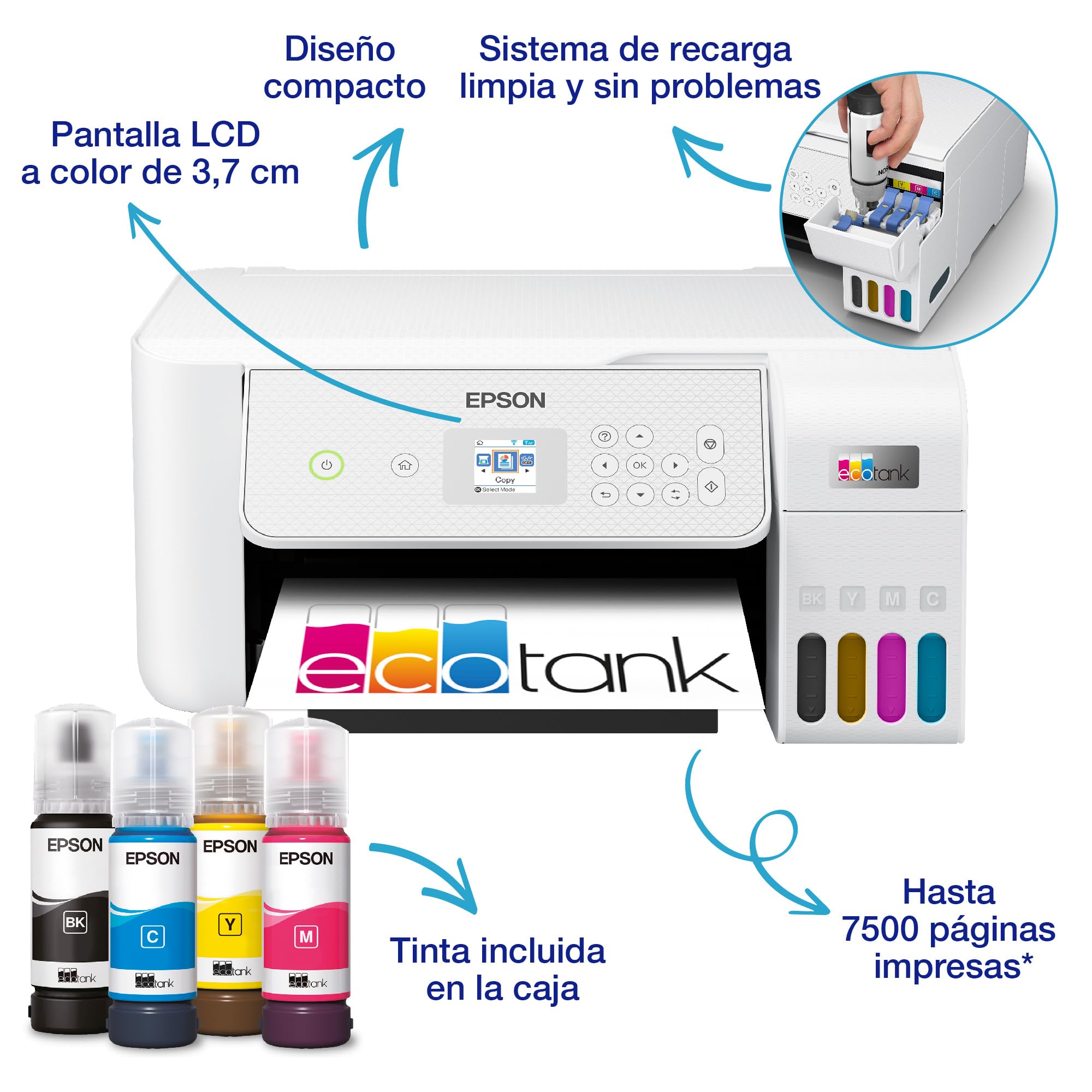 Epson EcoTank ET-2876 Impresora de Depósito de Tinta | Para Uso Intensivo en Hogar | Wi-Fi | A4 | Imprimir, Copiar, Escanear | Pantalla LCD 3,7cm | Tinta Incluida Para 3 Años