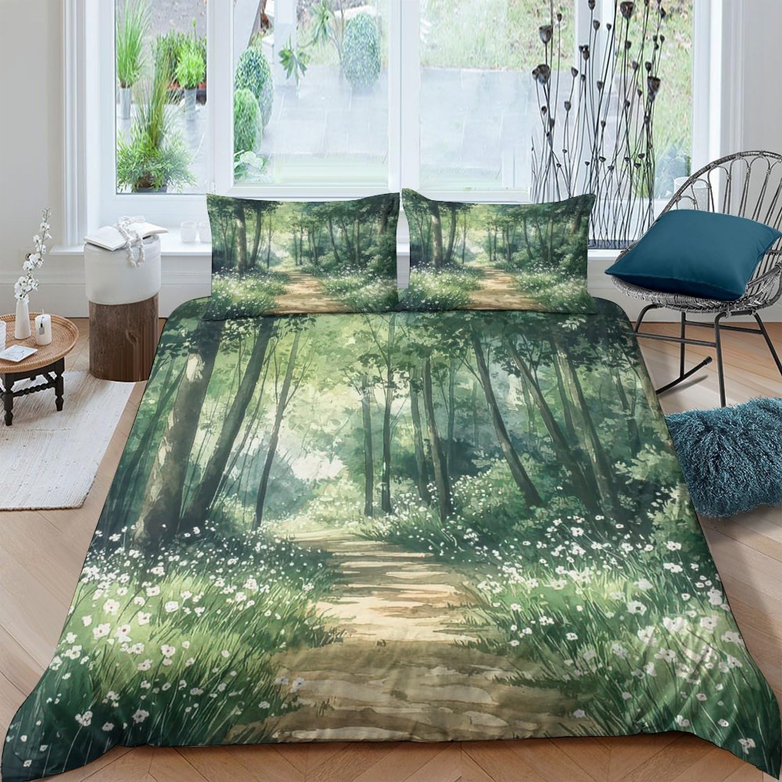 Ctjqhvkz Style-4 3D Printed Forest Path Fitted Sheet Microfiber Soft Green Woodland Mattress Cover For Bedroom Decor Protection Single（135X200cm）