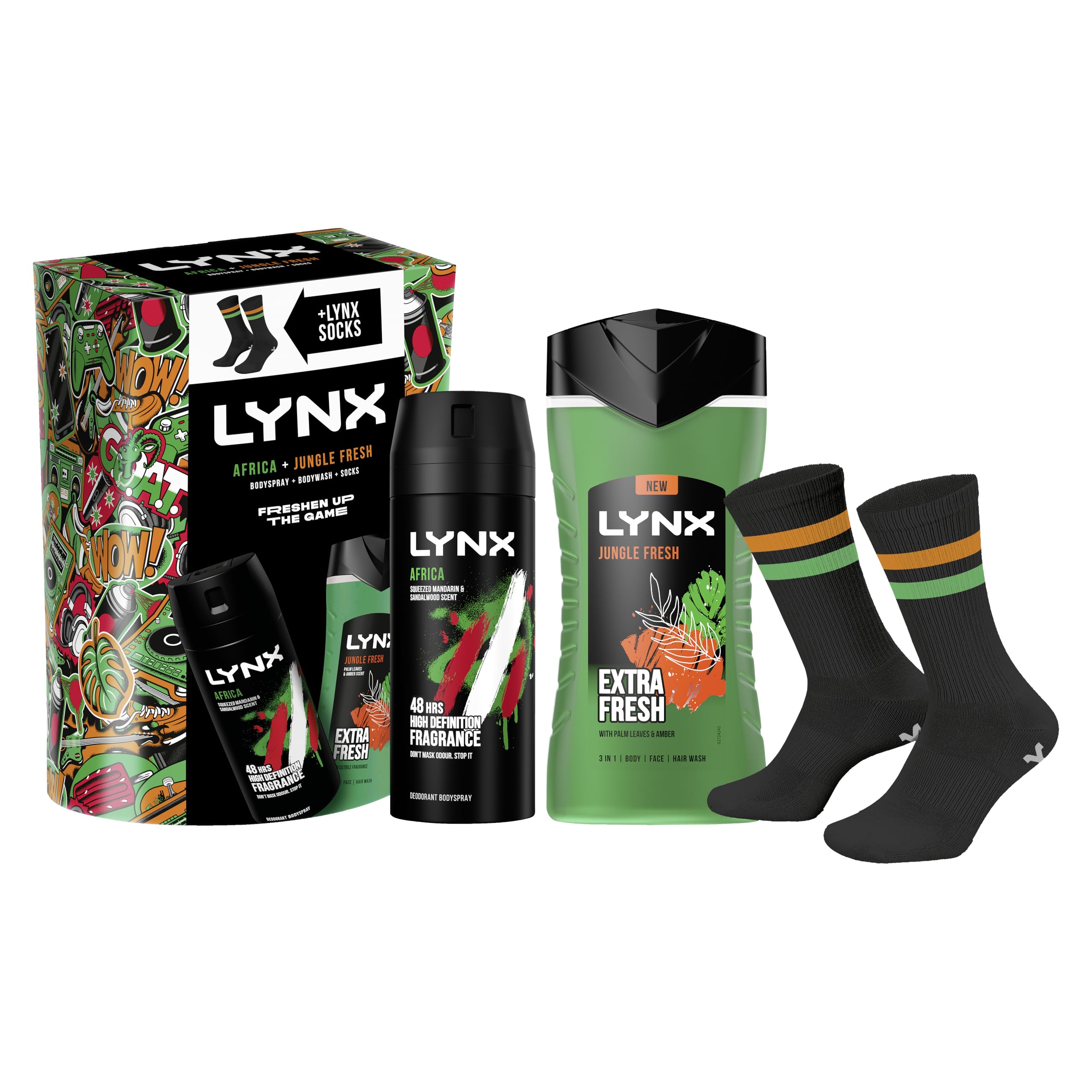 Africa & Jungle Fresh 2 piece Gift Set with Socks, Body Wash & Body Spray Deodorant