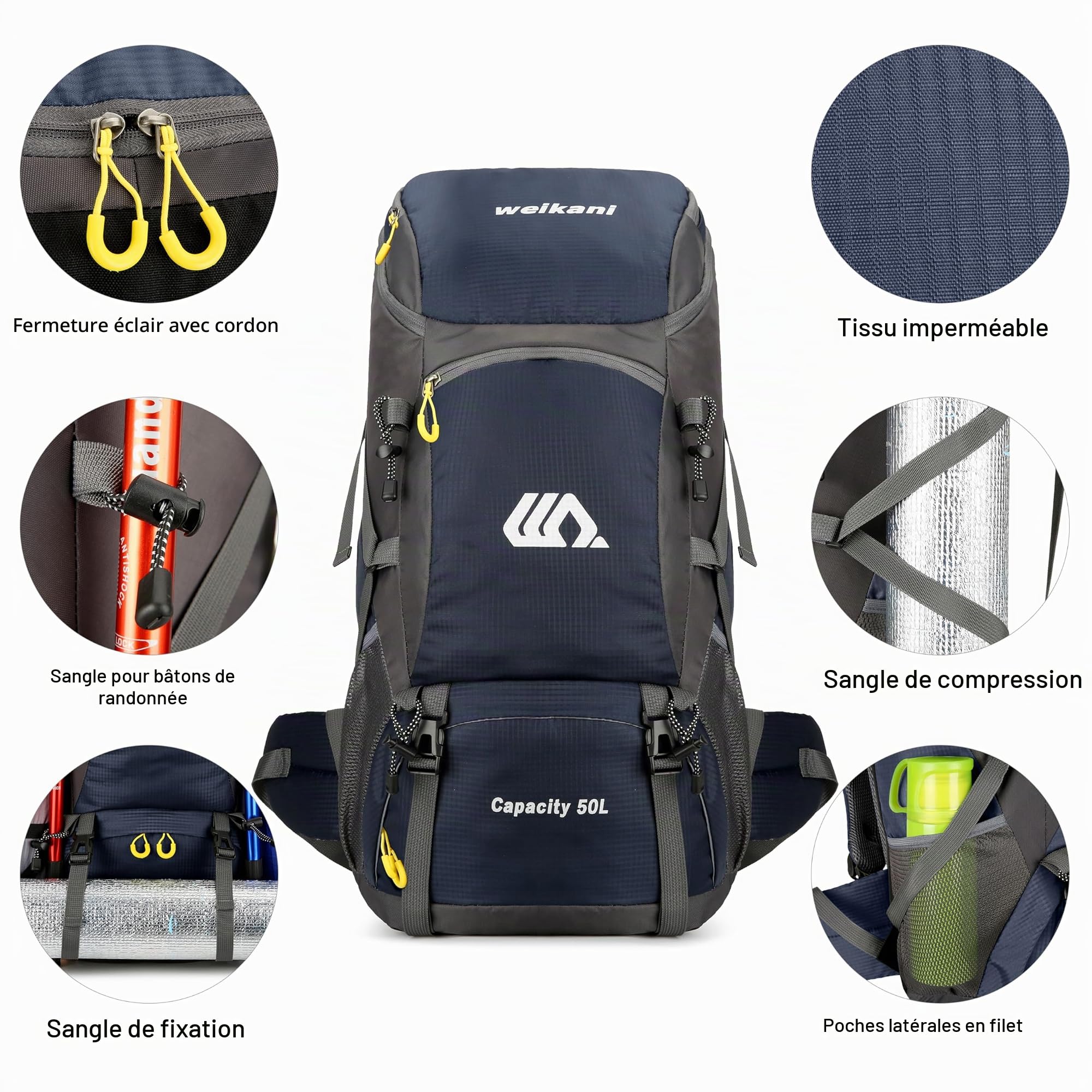 Sac à Dos de Randonnée 50 L, Imperméable Sac de Trekking avec Housse de Pluie, Sac à Dos Grande Capacité Multifonction pour pour Homme Femme Alpinisme Escalade Trekking Voyage Camping
