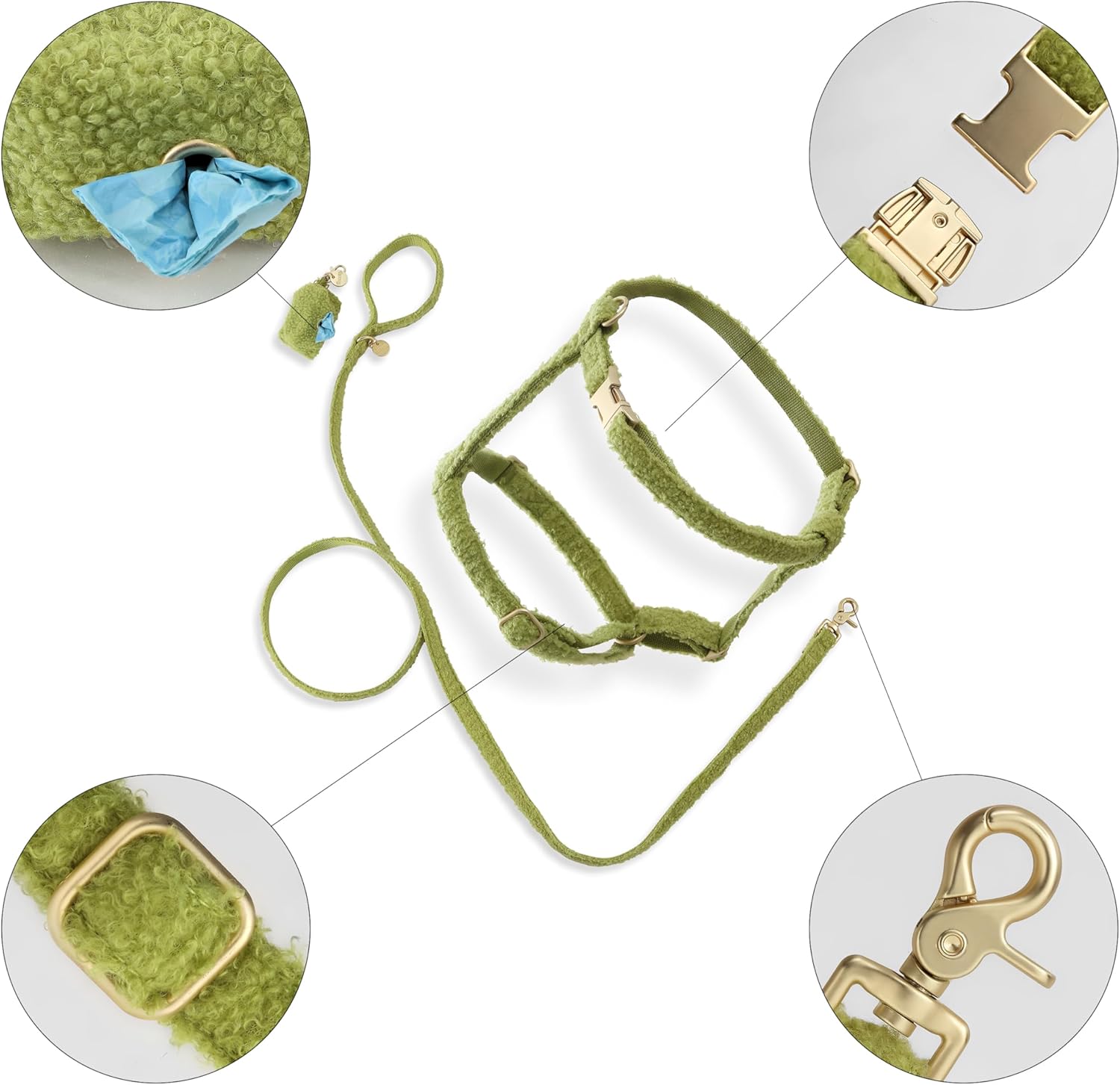 WLK1003B-4SET Teddy Large Bouclé Adjustable H Harness and Leash Walk Set with Poop Bag Pouch, Citron