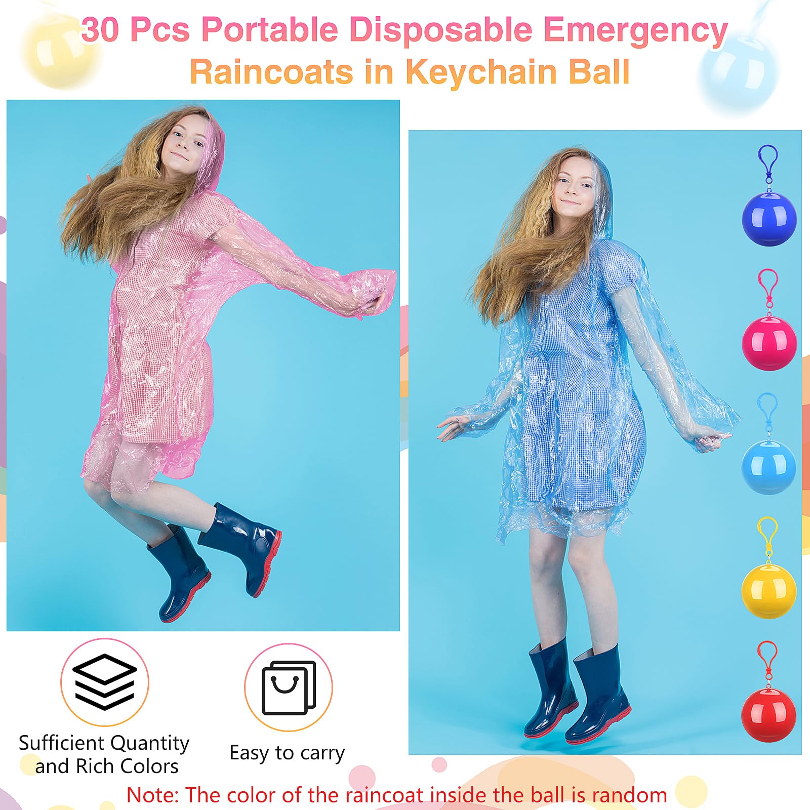 Liitrsh Lot de 30 ponchos de pluie pour adultes - Jetables - Imperméables - Avec crochet - En plastique - Pour le camping, le cyclisme en plein air - 5 couleurs, Rouge, rose rouge, jaune, bleu, bleu