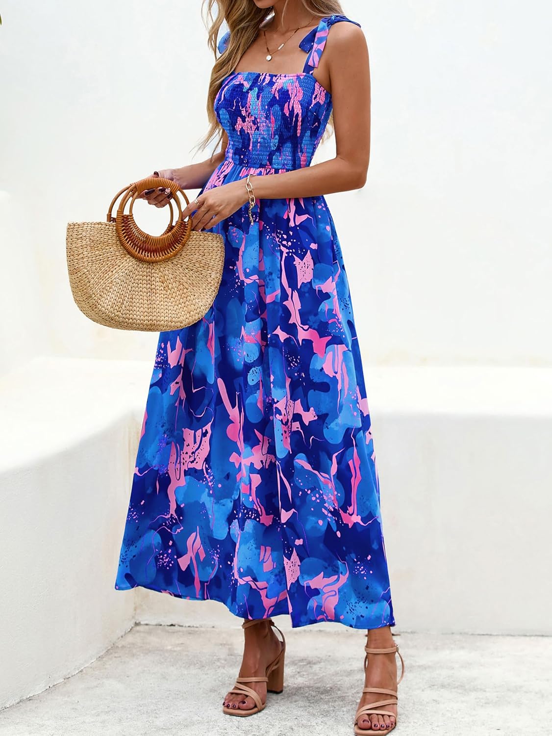 PRETTYGARDEN Womens Summer Dresses Floral Sleeveless Smocked Maxi Dress Boho Spaghetti Strap A Line Flowy Beach Long Sundress - Image 4