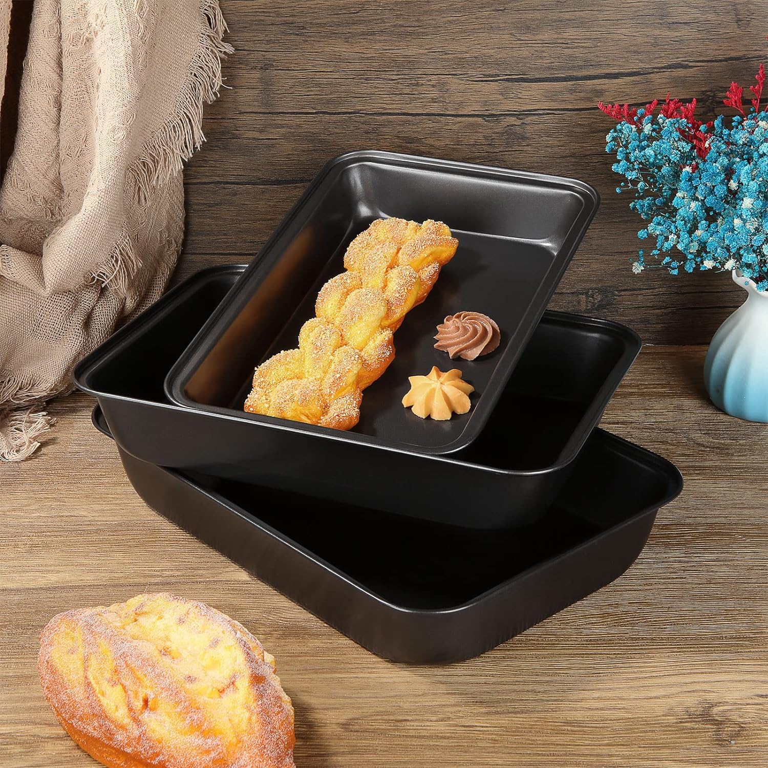 Set Di 4 Teglie Antiaderenti WOPPLXY – Acciaio Al Carbonio, Senza PFOA, Dimensioni 34, 32 E 30 Cm, Per Torte E Arrosti