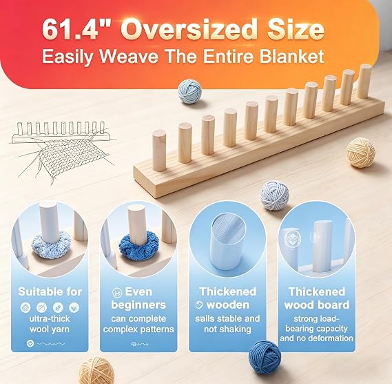 61 Inch Chunky Knitting Blanket Loom Set, 4-in-1 Adjustable Wooden Knitting