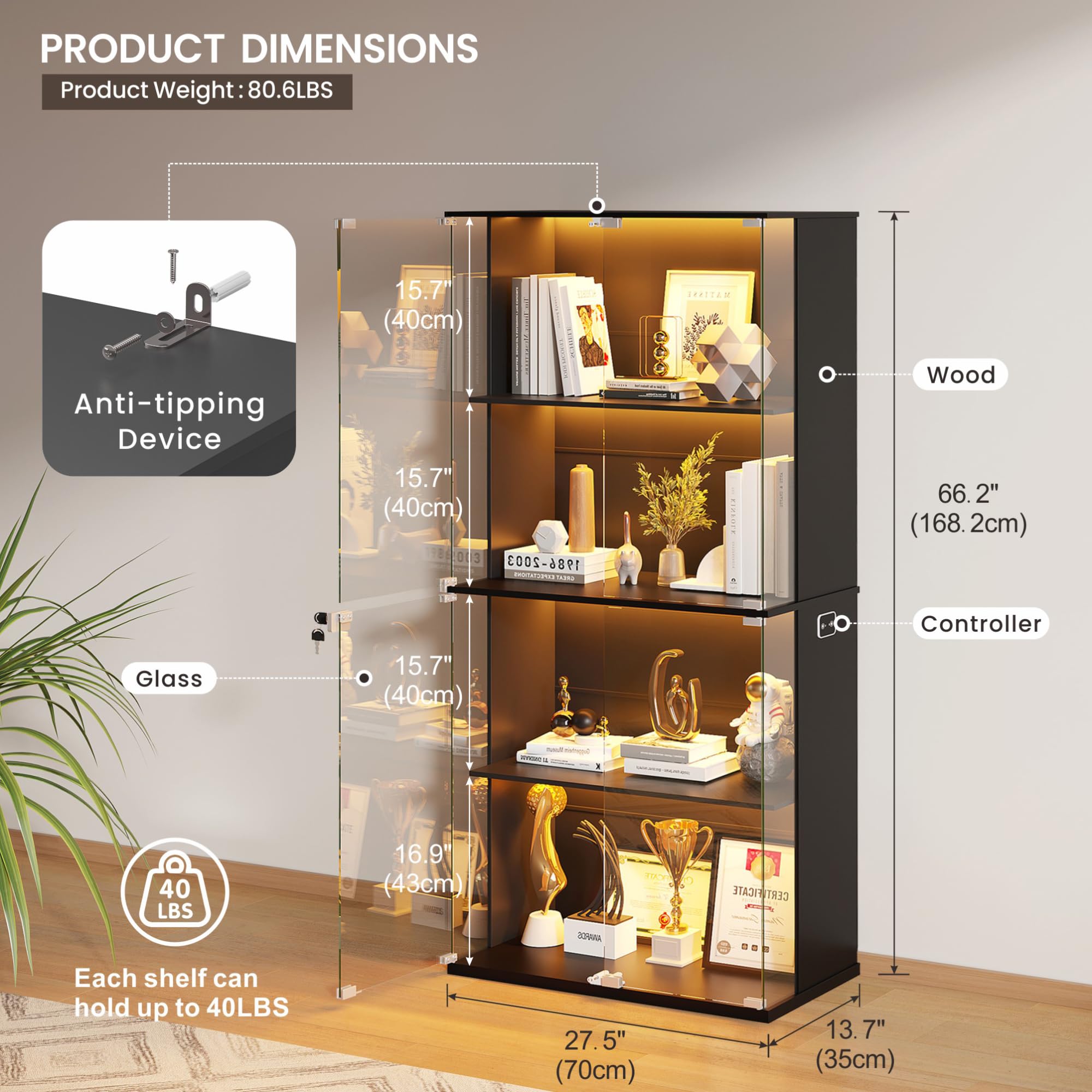 Gurexl 168 CM Vitrina de Cristal con LED luz y Sensor de Movimiento,Vitrinas de 4 Niveles para Colecciones con Puerta de Cristal con Cerradura,Curio Vitrina para Sala de Estar,Coleccionables,Negro