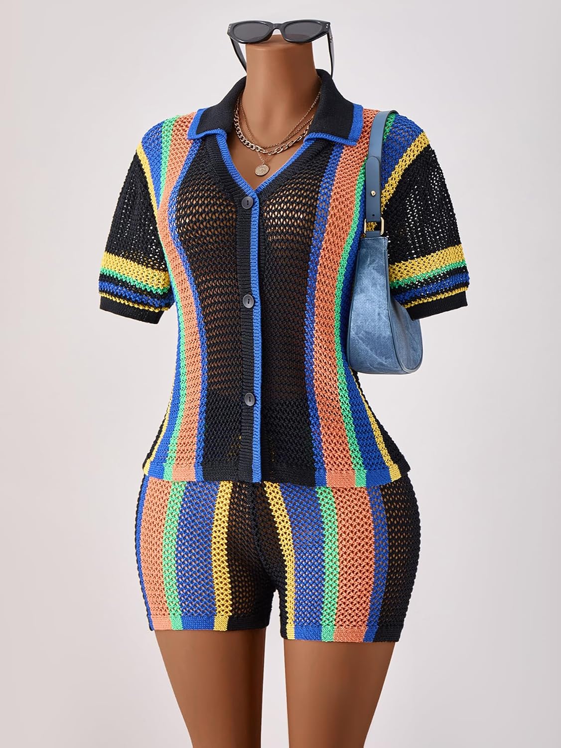 SEGT Women's 2 Piece Sexy Short Sets Knit Hollow Out Outfits V Neck Color Block Short Sleeve Button Down Shirt and Shorts Set - Image 2