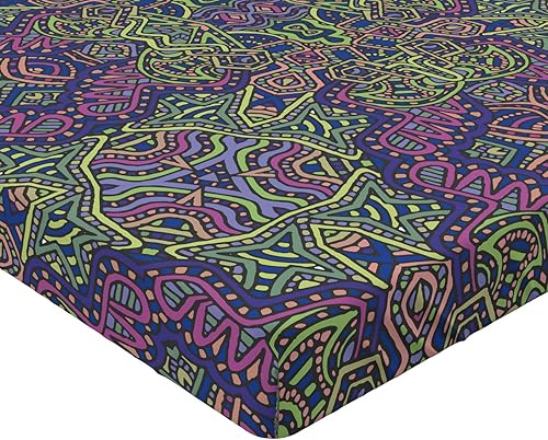 Miniatura 4 de Ambesonne Sábana bajera psicodélica, patrón fractal, estilo de los años 90, diseño tribal moderno, mandala bohemio, hippie, funda de cama con