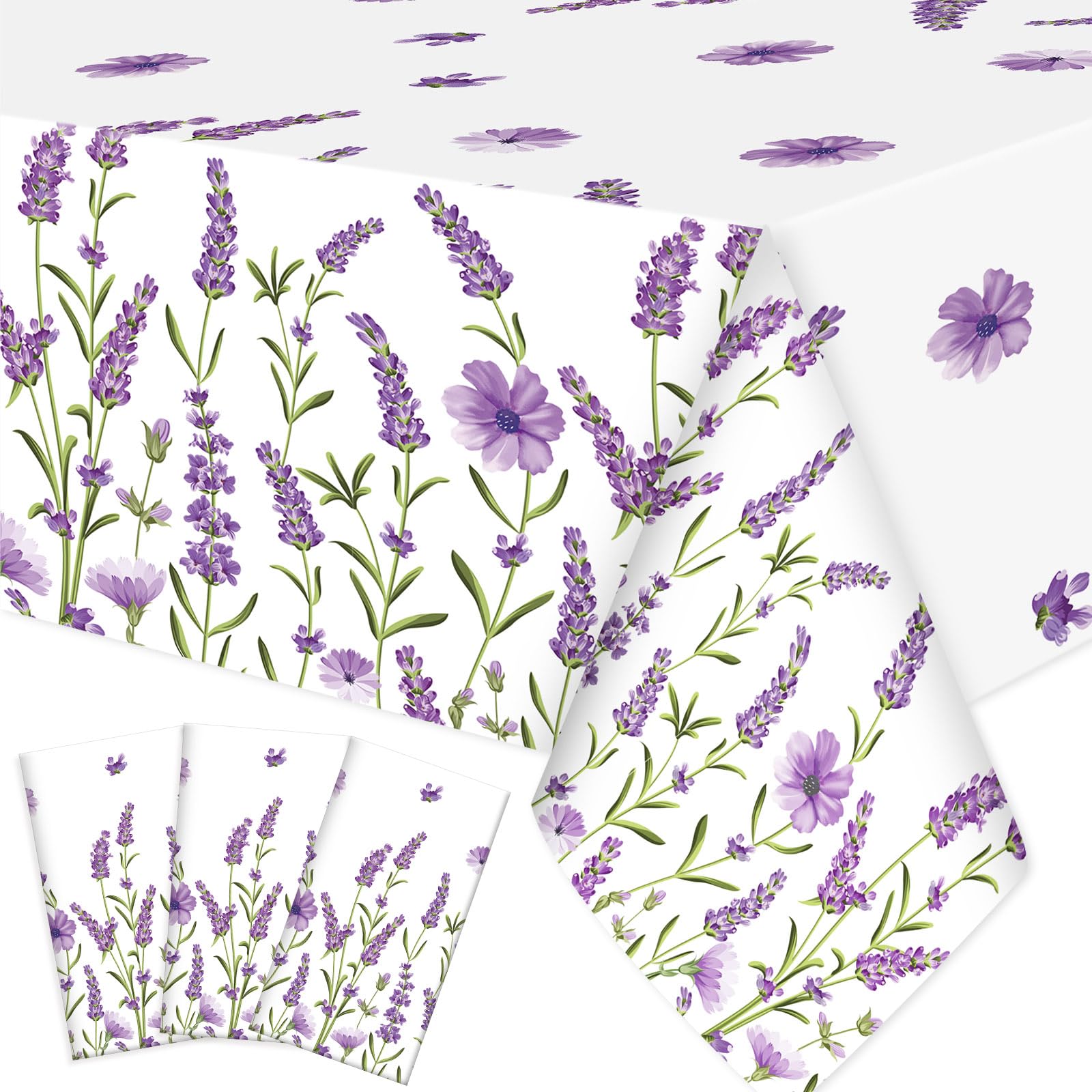 Ganeen 3 Pcs Spring Summer Lavender Plastic Tablecloths Disposable Purple Floral Table Cloths Watercolor Table Cover for Wedding Birthday Baby Shower Garden Tea Party Decorations, 54 x 108 Inch