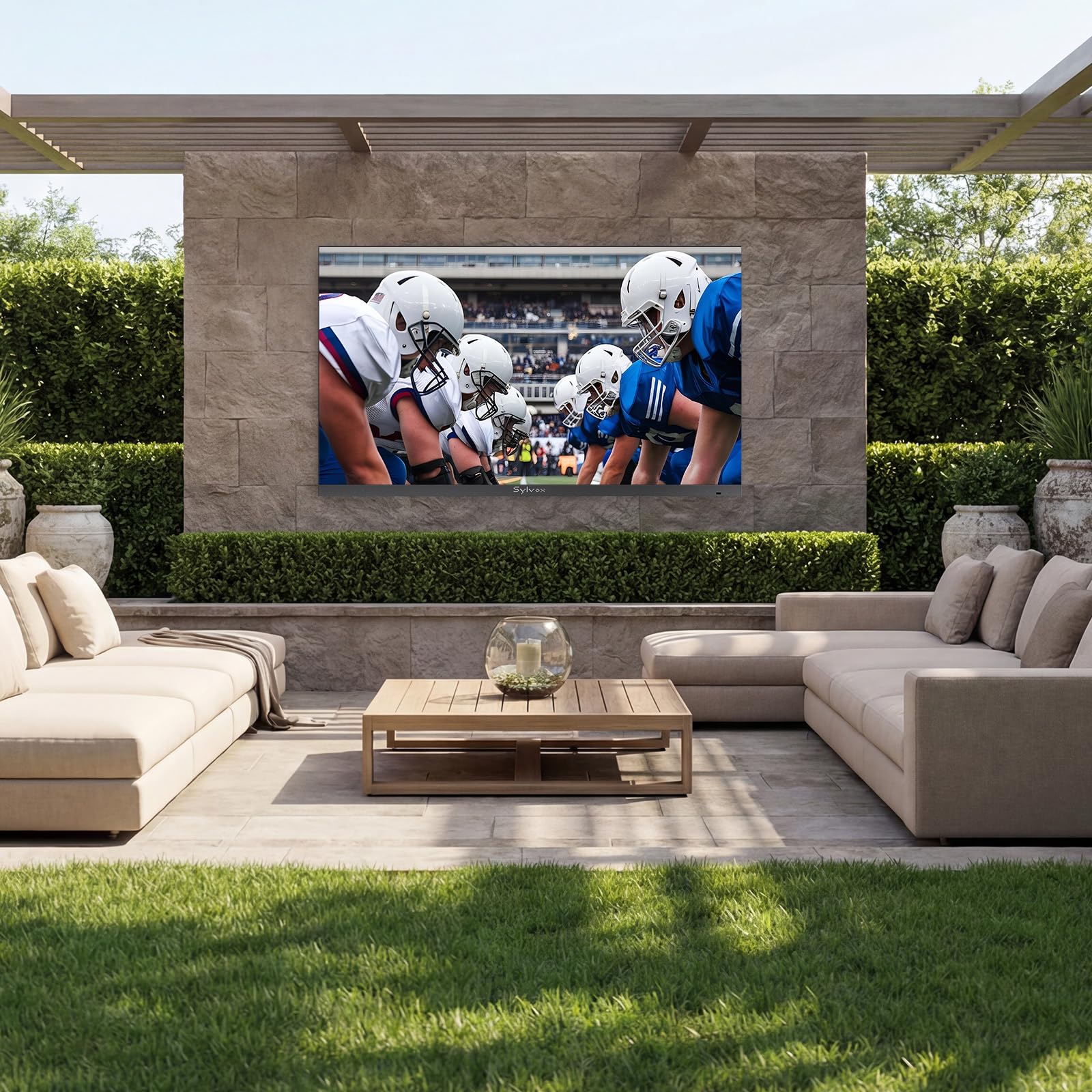 SYLVOX TV Exterior 43 Pulgadas, 4K UHD HDR, 1000 Nits, Sin Marcos Google TV, Dolby Atmos, DVB-C/T2/S2, HEVC, Smart TV IP56 Resistente al Agua para Jardín, Terraza & Piscina (framless)
