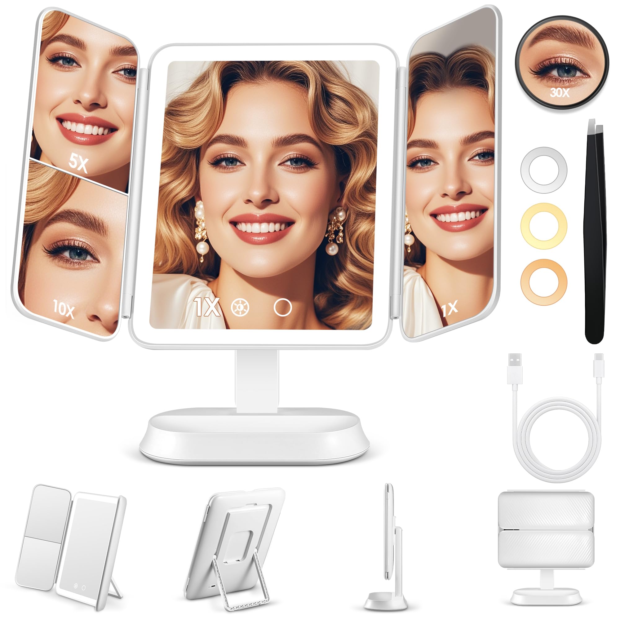 GOMIPURU Vanity Mirror with Lights, Lighted Makeup Mirror with 30X/10X/5X Magnification, Rechargeable Trifold Mirror with 3 Color & Adjustable