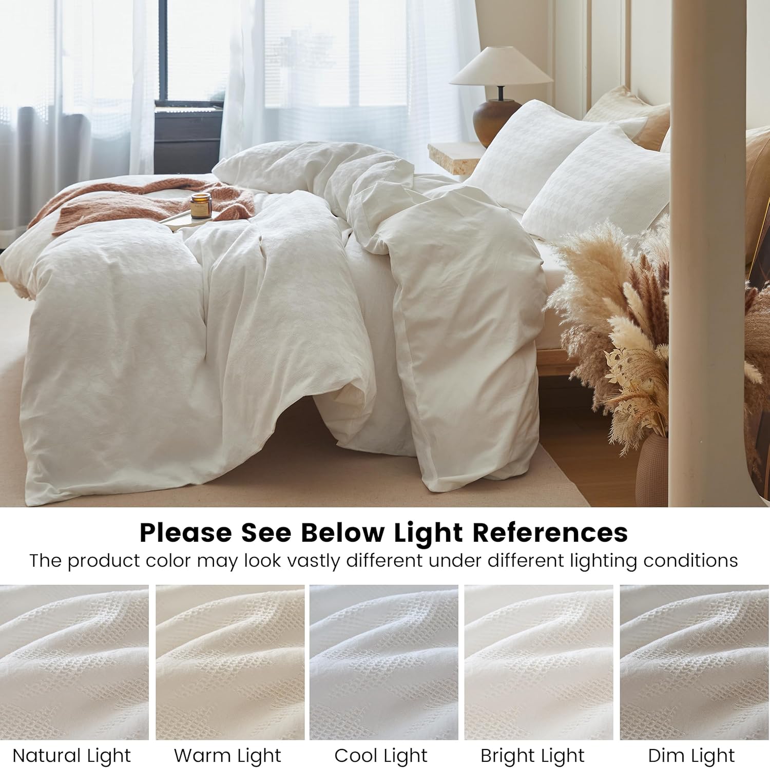 BISELINA 100% Cotton Waffle Weave Duvet Cover Set – Houndstooth Pattern, Soft & Lightweight Farmhouse Bedding, Breathable for All Seasons, 3PCS (1 Duvet Cover & 2 Pillow Shams) – White, King Size