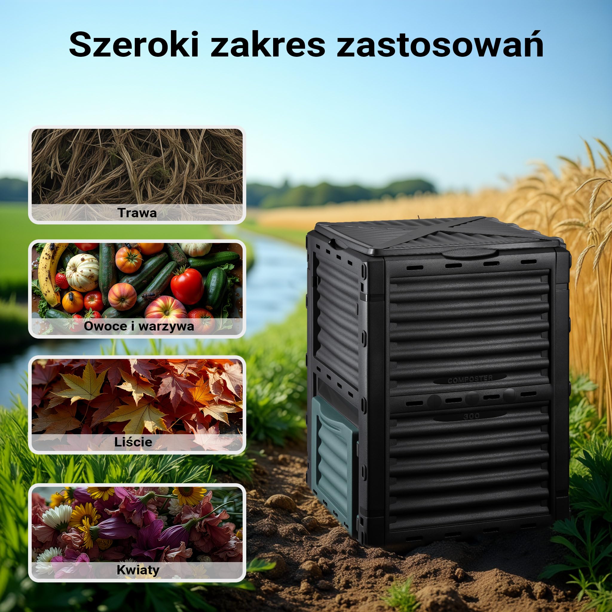 Wiltec Kompostownik ogrodowy modułowy 300 l o wymiarach 61 x 61 x 82 cm, plastikowy kompostownik na odpady organiczne, z pokrywą i klapą do opróżniania