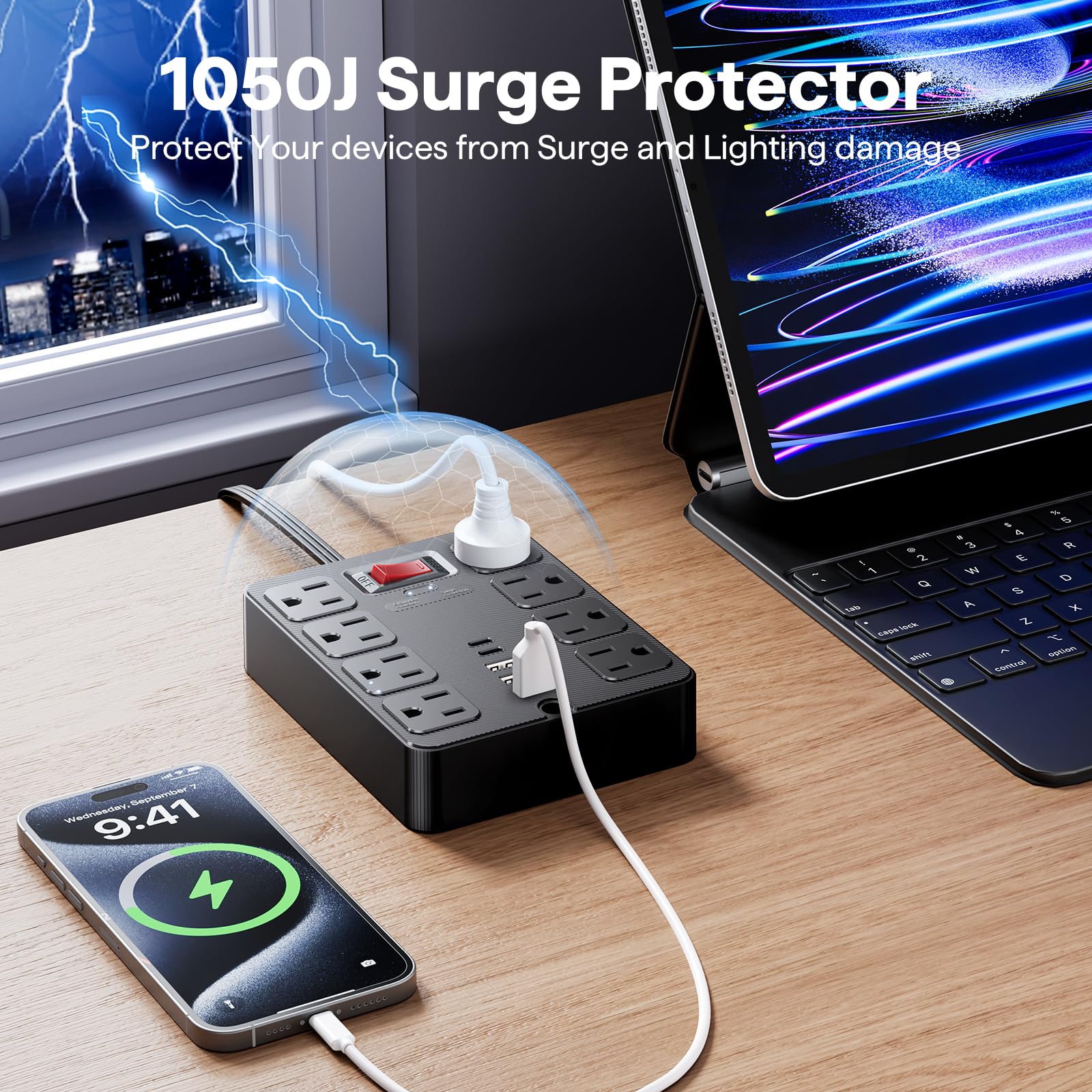 Conector plano 14 en 1 con protección contra sobretensiones, 8 enchufes de CA anchos, 4 puertos USB, 1250 W/10 A, cable de extensión de 5 pies con múltiples enchufes, extensión de computadora para