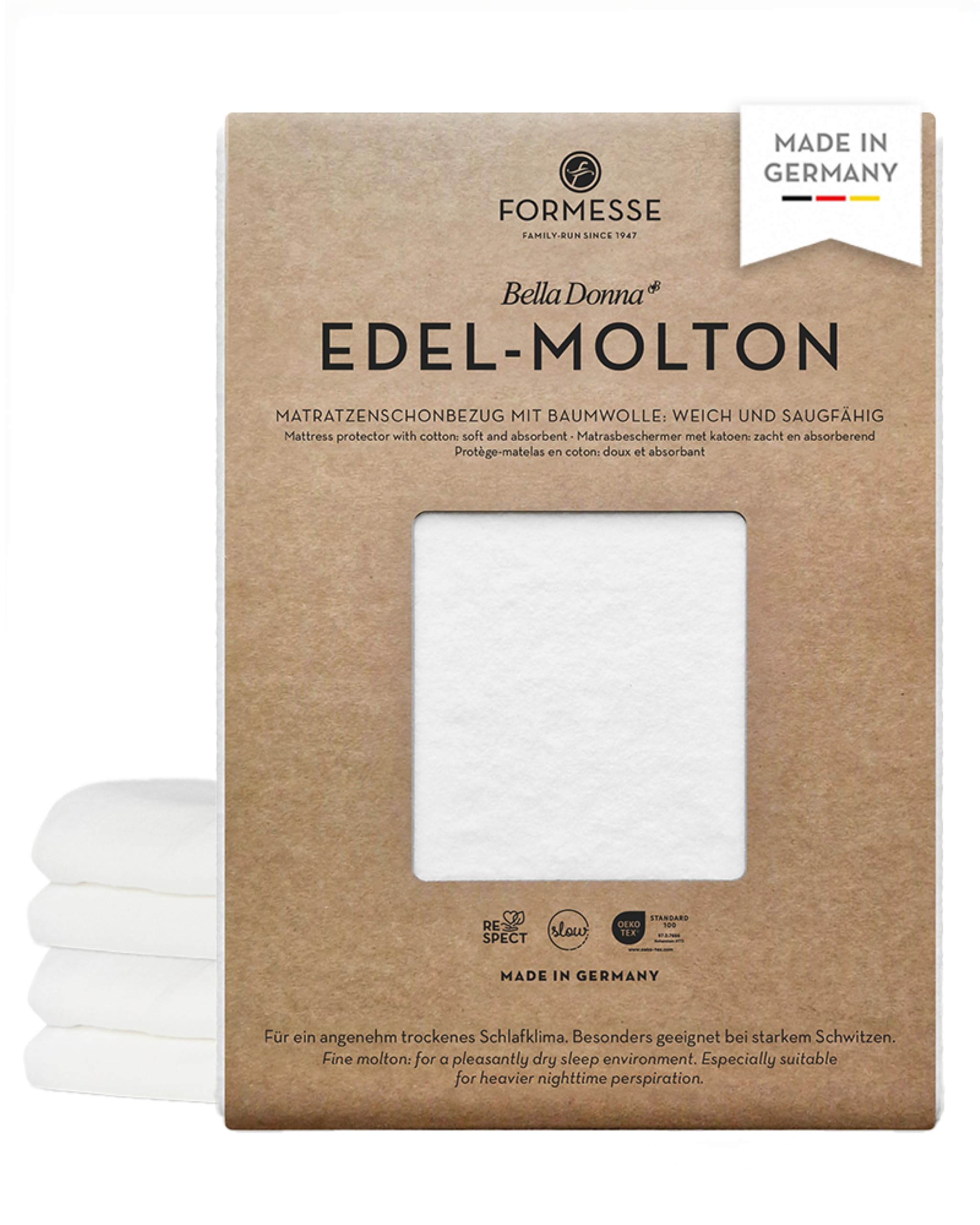 Bella Donna Edel-Molton Matratzenschoner: geeignet bei starkem Schwitzen | FORMESSE 200x220-200x240 cmbis 30cm; 82% Baumwoll-Kompaktgarn, 16% Polyester, 2% Elastan; sehr saugfähig, trockenes Schlafen