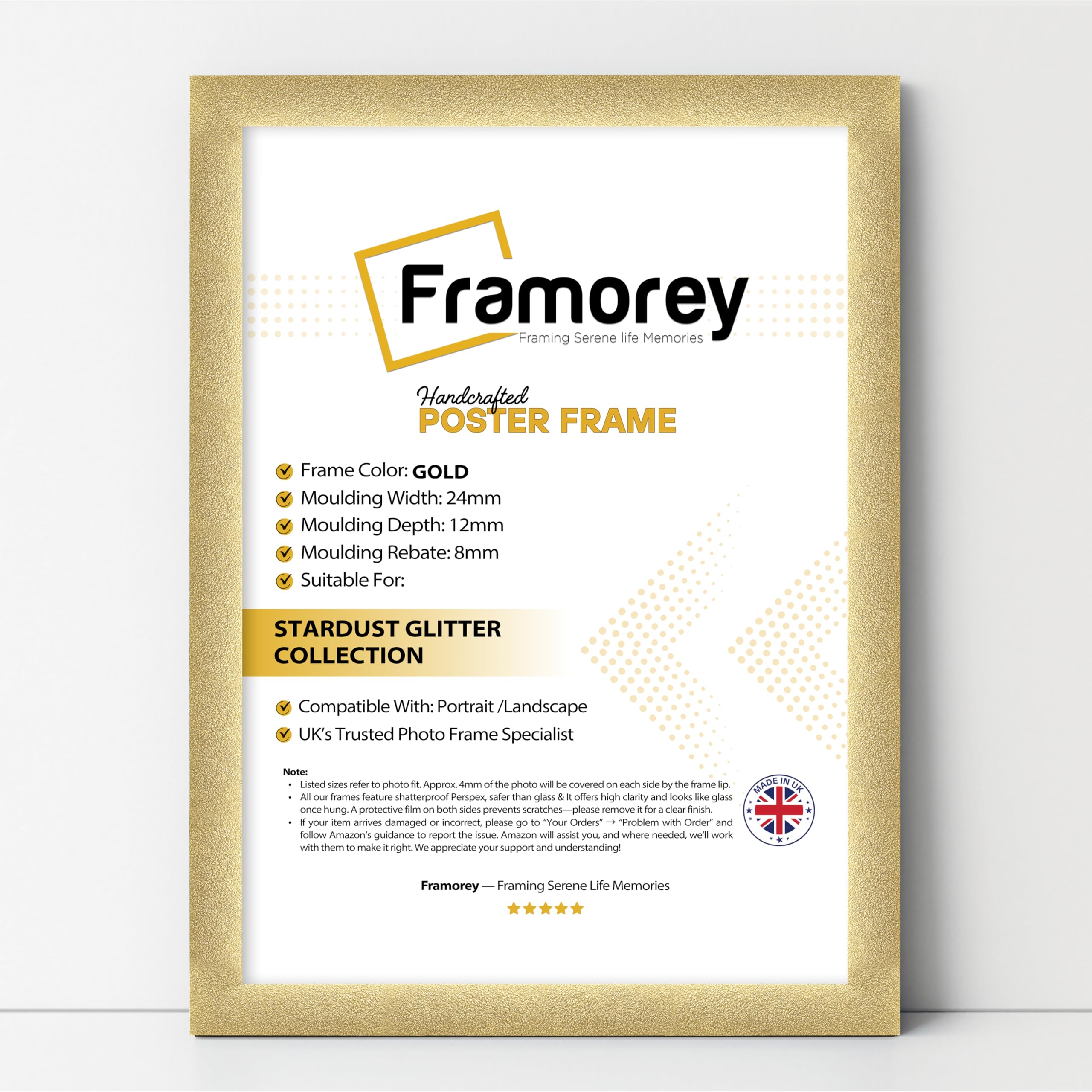 Framorey Framing Serene Life Memories Gold Framorey Glitter Sparkle Stardust Picture Frame, 30X40 Cm Size Photo Frames, Wall Hanging Photo Print Frame, Home Décor Frames