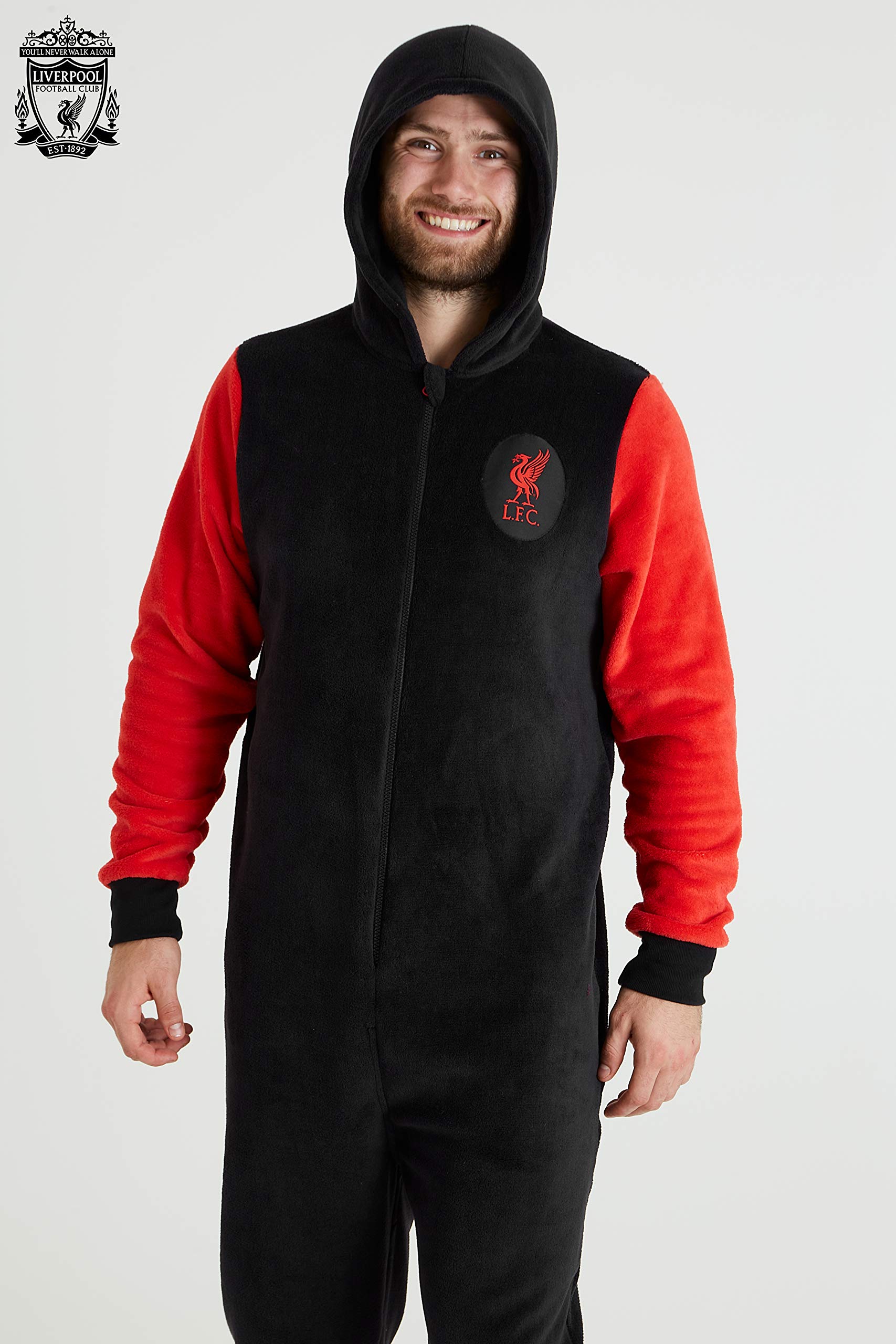 Liverpool F.C. Combinaison Pyjama Homme - Grenouillère Adulte en Polaire Douce avec Capuche Taille S, M, L, XL, 2XL et 3XL - Liverpool Football Club Officiel