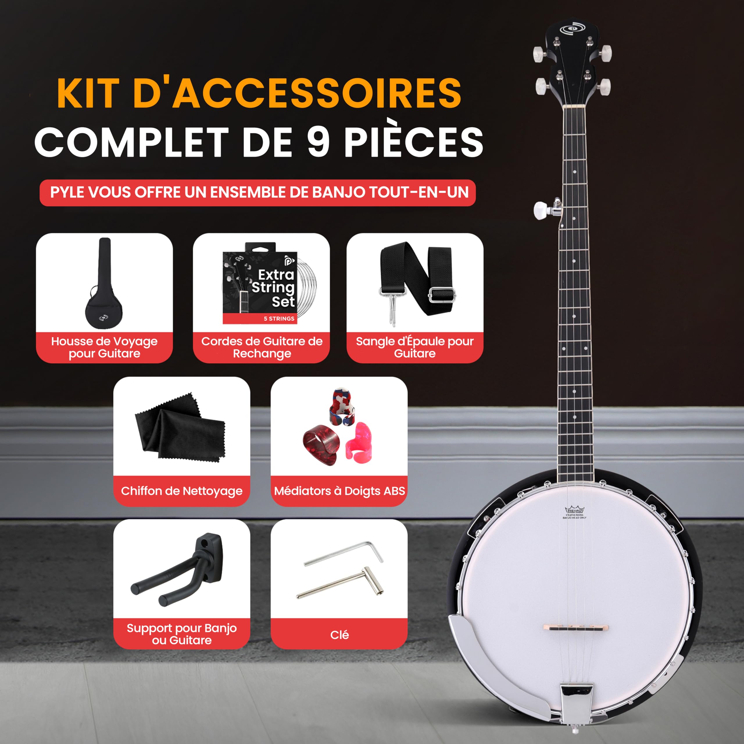 Pyle Banjo Kit avec Tête Remo et Résonateur en Sapelli, Instrument Traditionnel Taille Réelle de 99 cm – Banjo 5 cordes - Dos Ouvert ou Fermé, 24 Supports - Kit d'Accessoires Premium (Éclat Rouge)