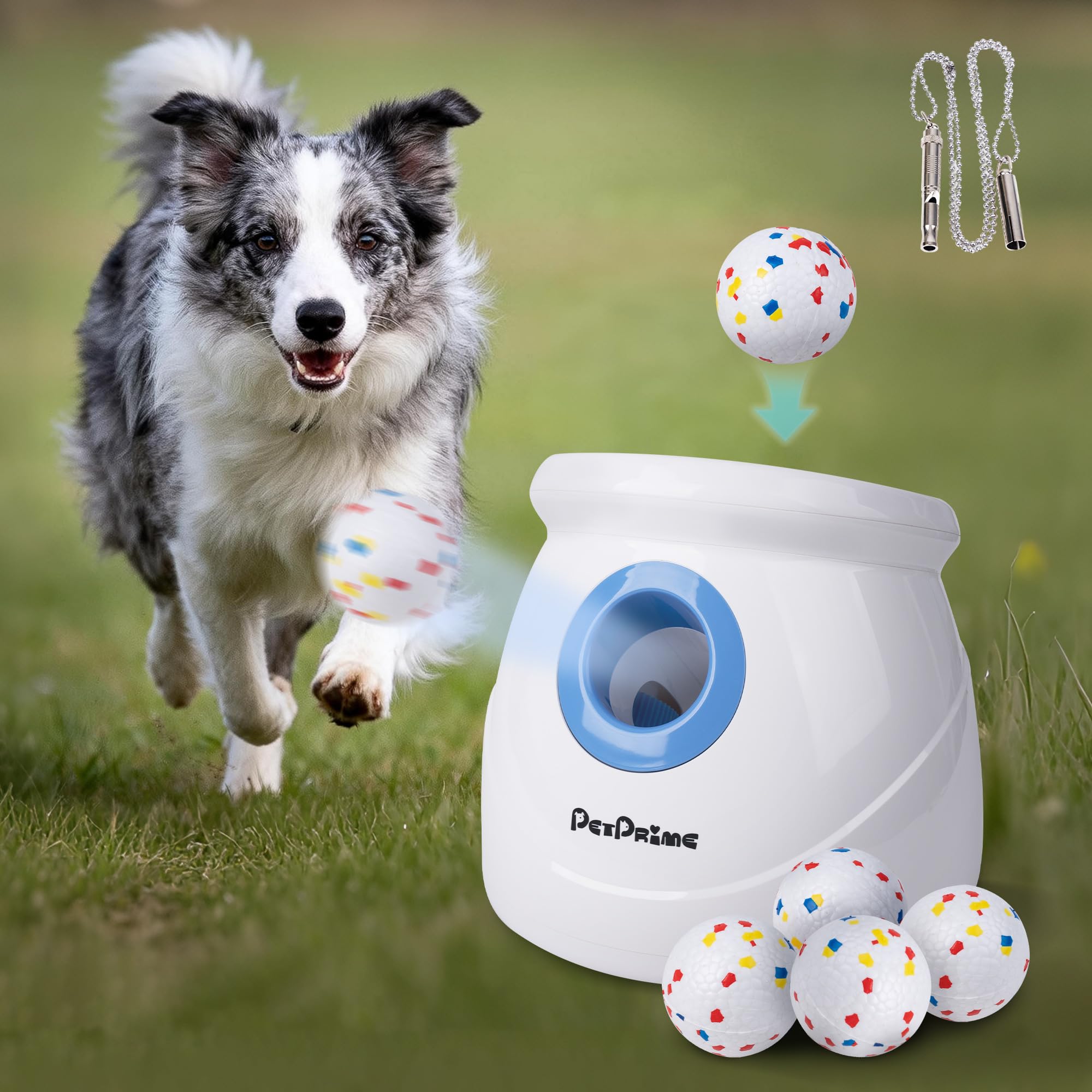 Pet Prime Upgraded Automatic Ball Launcher for Large Dogs,Rechargeable Dog Ball Thrower for Outdoor Exercise & Interactive Play,Adjustable 10-64ft Thrower with 6PCS 2.5" ETPU Balls,1 Dog Whistle