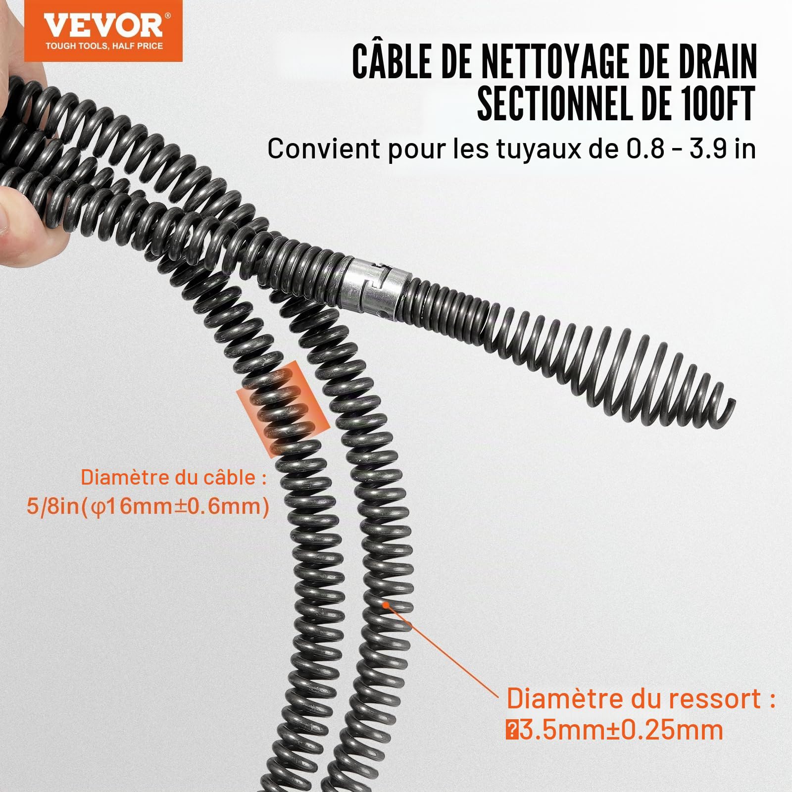 VEVOR Câble de nettoyage de canalisations, 30 m x 16 mm, câble de tarière de vidange d'égout noyau creux sectionnel professionnel, 7 coupeurs pour tuyaux 20-100 mm pour évier, siphon de sol, toilettes