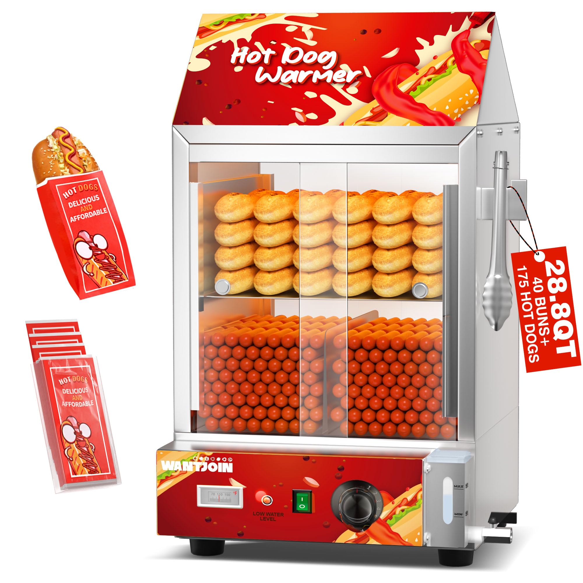 WantJoin 28.8QT Commercial Electric Hot Dog Steamer with Bun Warmer, featuring a red glass sliding door.