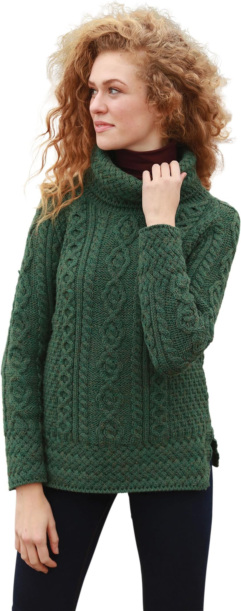 Aran Woollen MillsCarraig Donn - Ladies - 100% Soft Merino Wool - Cable Knit Sweeter Vented Roll Neck Irish Jumper