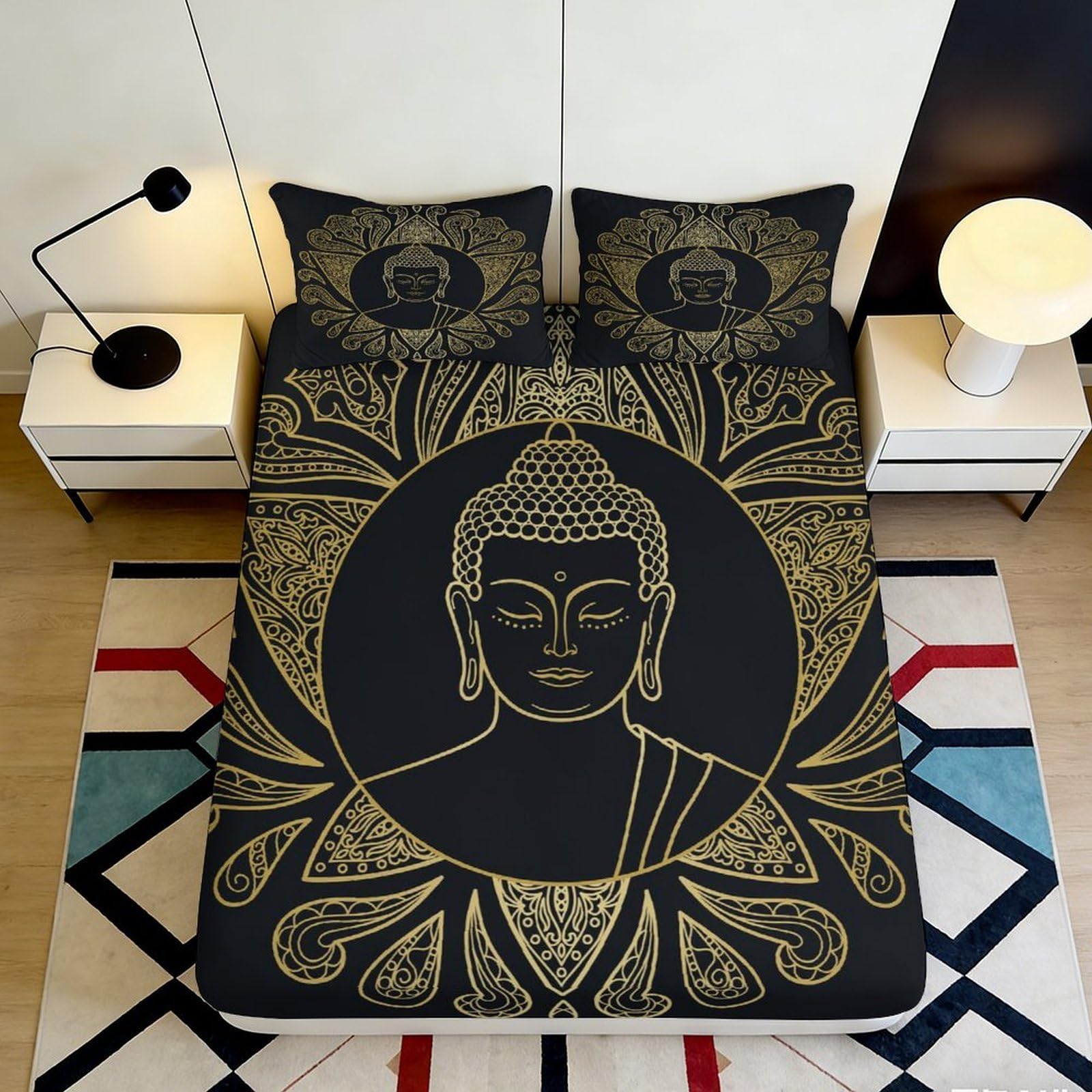 3D Printed Gold Buddha Mandala Fitted Sheet Microfiber Black Bed Cover for Bedroom Dorm Mattress Protection Decor 140x200x25cm