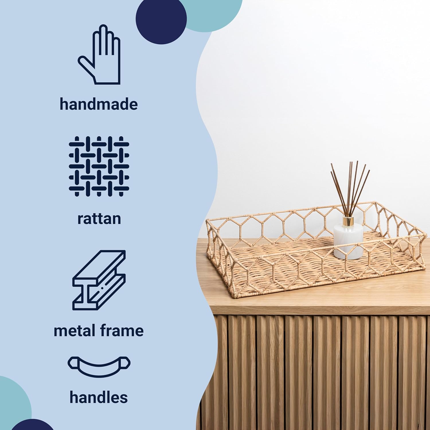 happimess TRY1001B Honeycomb 19.75" Rustic Bohemian Hand-Woven Rattan Tray for Storage,Decoration, Display, Coffee Table or Serving Food, Light Brown