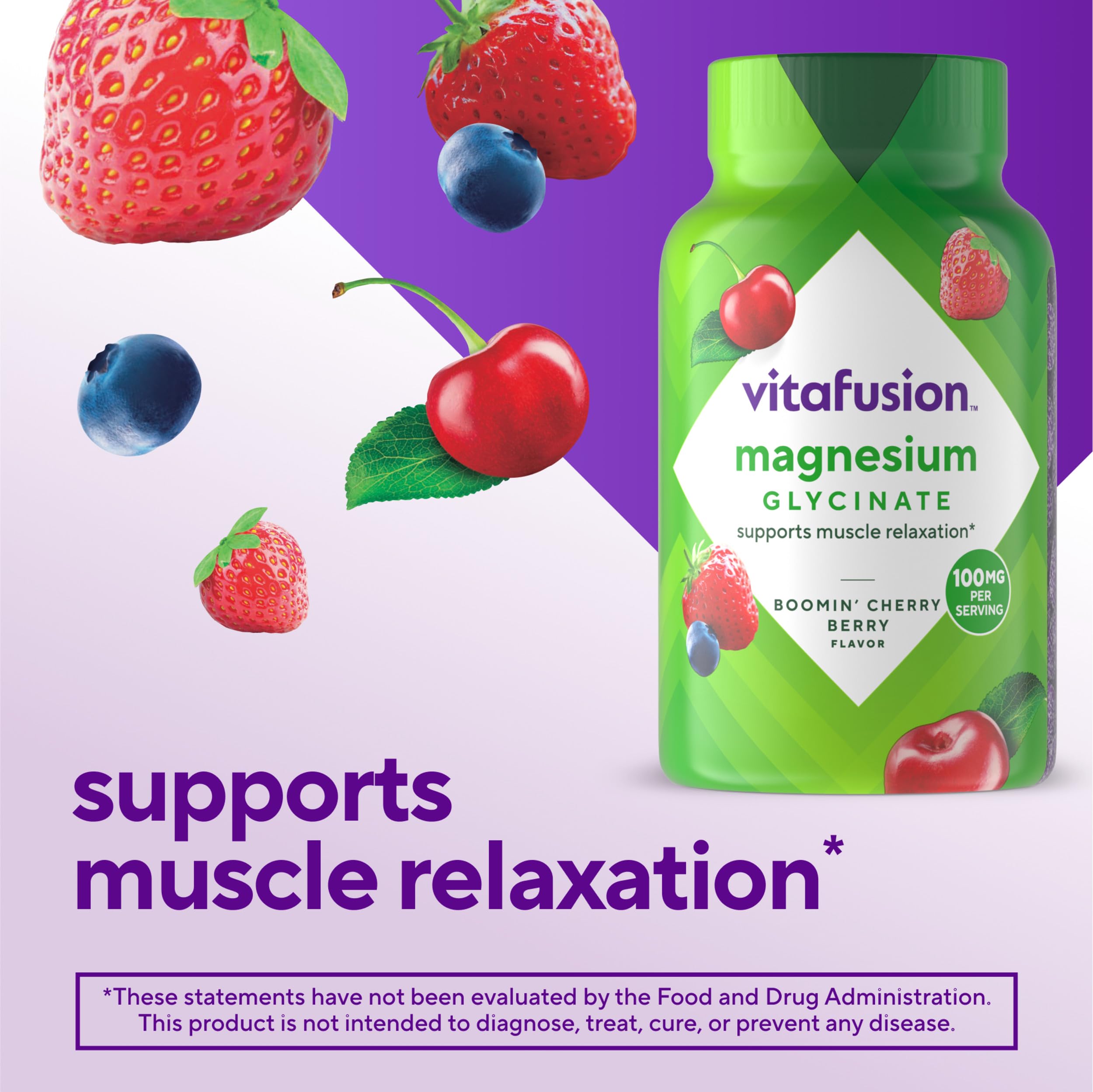 vitafusion Magnesium Glycinate Gummy Supplement, 100 mg per Serving Supports Muscle Relaxation (1) for Adult Women & Men, Boomin’ Cherry Berry Flavor, 60 Count