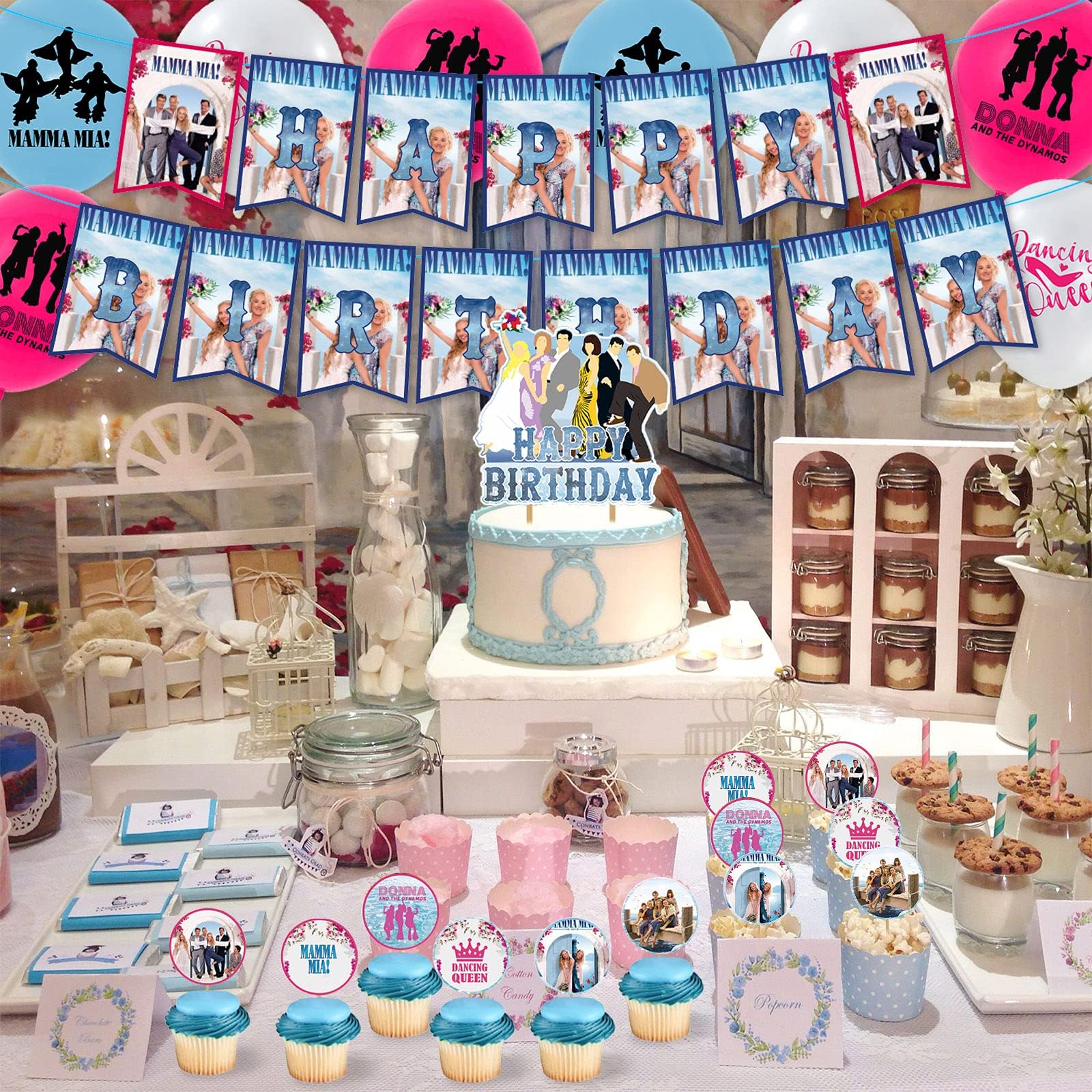 Mamma Mia Party Decorations,Birthday Party Supplies For Mamma Mia Includes Banner - Cake Topper - 12 Cupcake Toppers - 18 Balloons for Girl Women Birthday Party Decoration