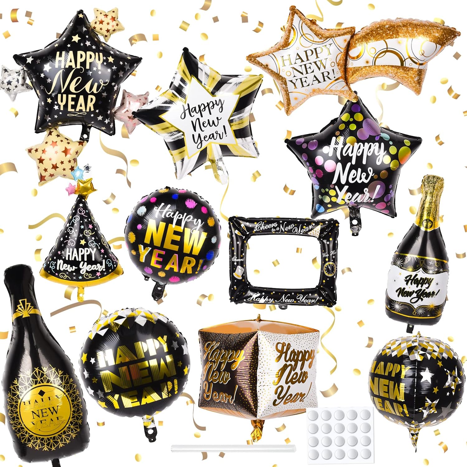 FORMIZON 9 Globos de Año Nuevo Globo de Aluminio, Set de Globos de Oro Negro Globos de Fiesta de Año Nuevo, Feliz Año Nuevo Conjunto de Globos para Fiestas de Fin de Año 2023 Decoraciones