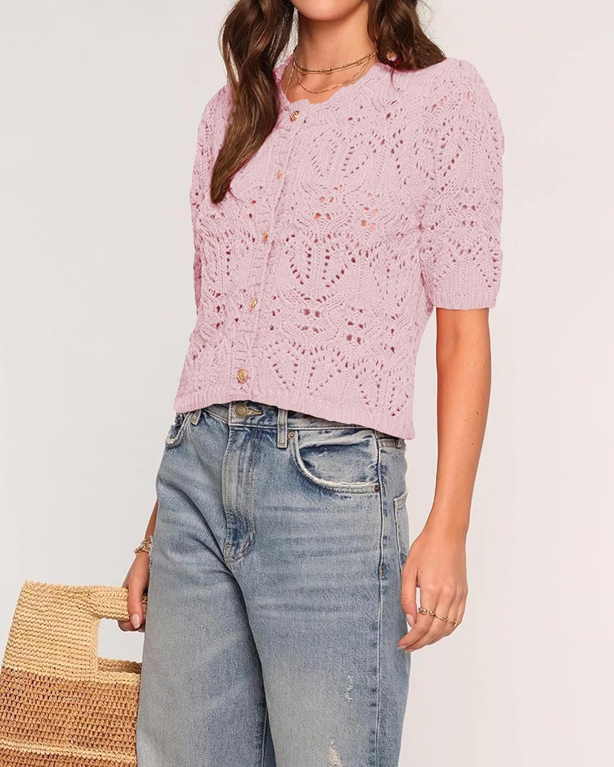 Womens Crochet Cardigan Tops Short Sleeve Casual Knit Blouses 2026 Hollow Out Crew Neck Button Down Sweater Shirts - Image 2