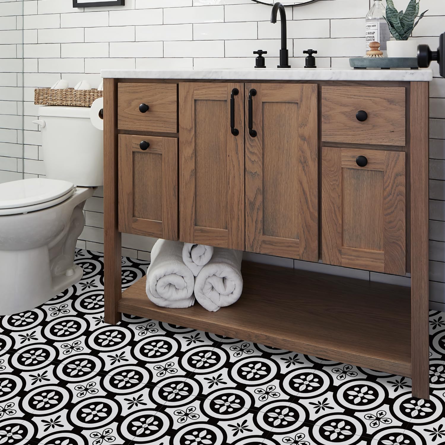 Alwayspon 12Pcs 30x30cm Thickened Vinyl Floor Tiles Sticker, Peel and Stick Waterproof Backsplash Sticker Wall Tile Stickers for Kitchen Bathroom, T048