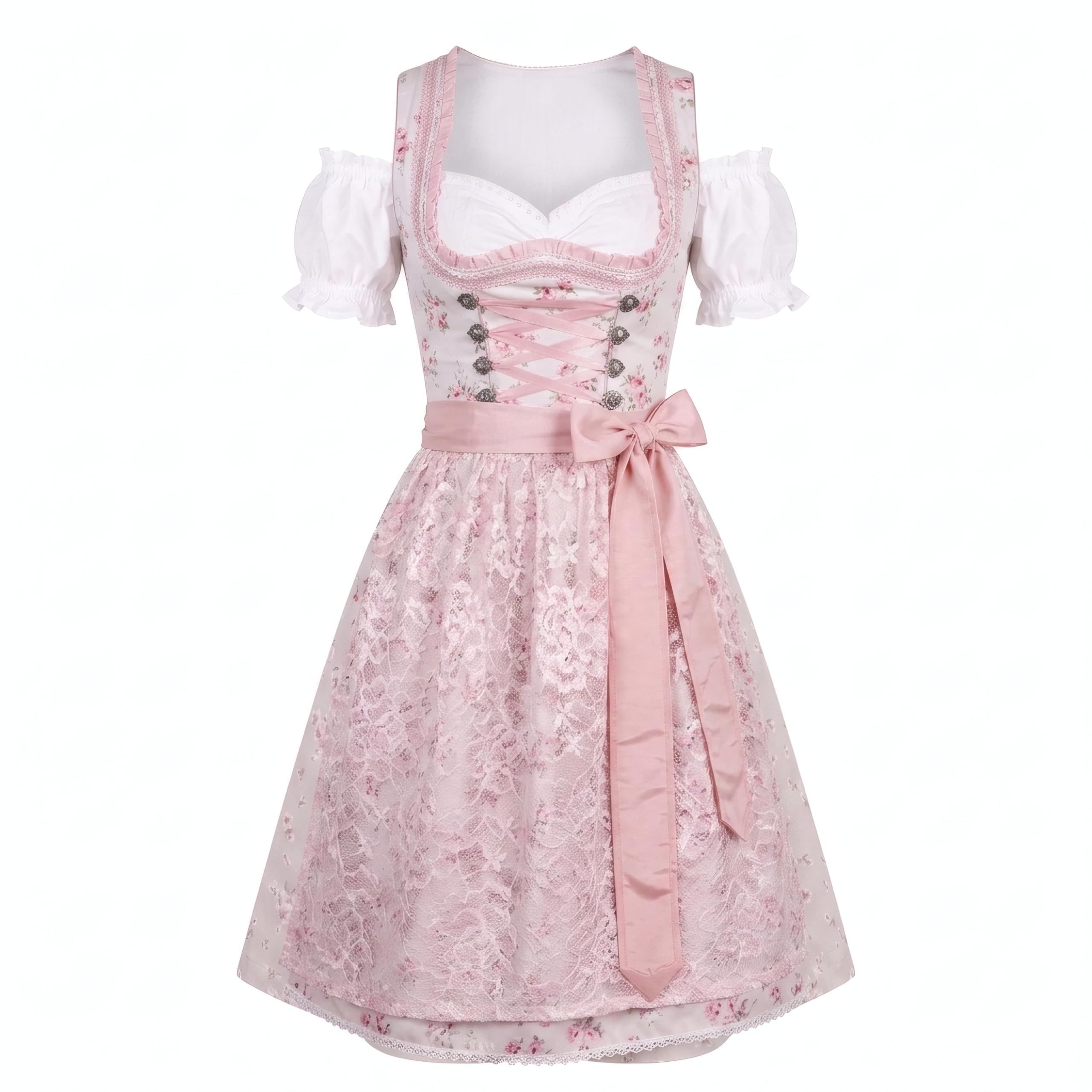 Kleid Dirndl Damen 3 TLG, Midi für Oktoberfest, mit Schürze und Bluse, 534GT