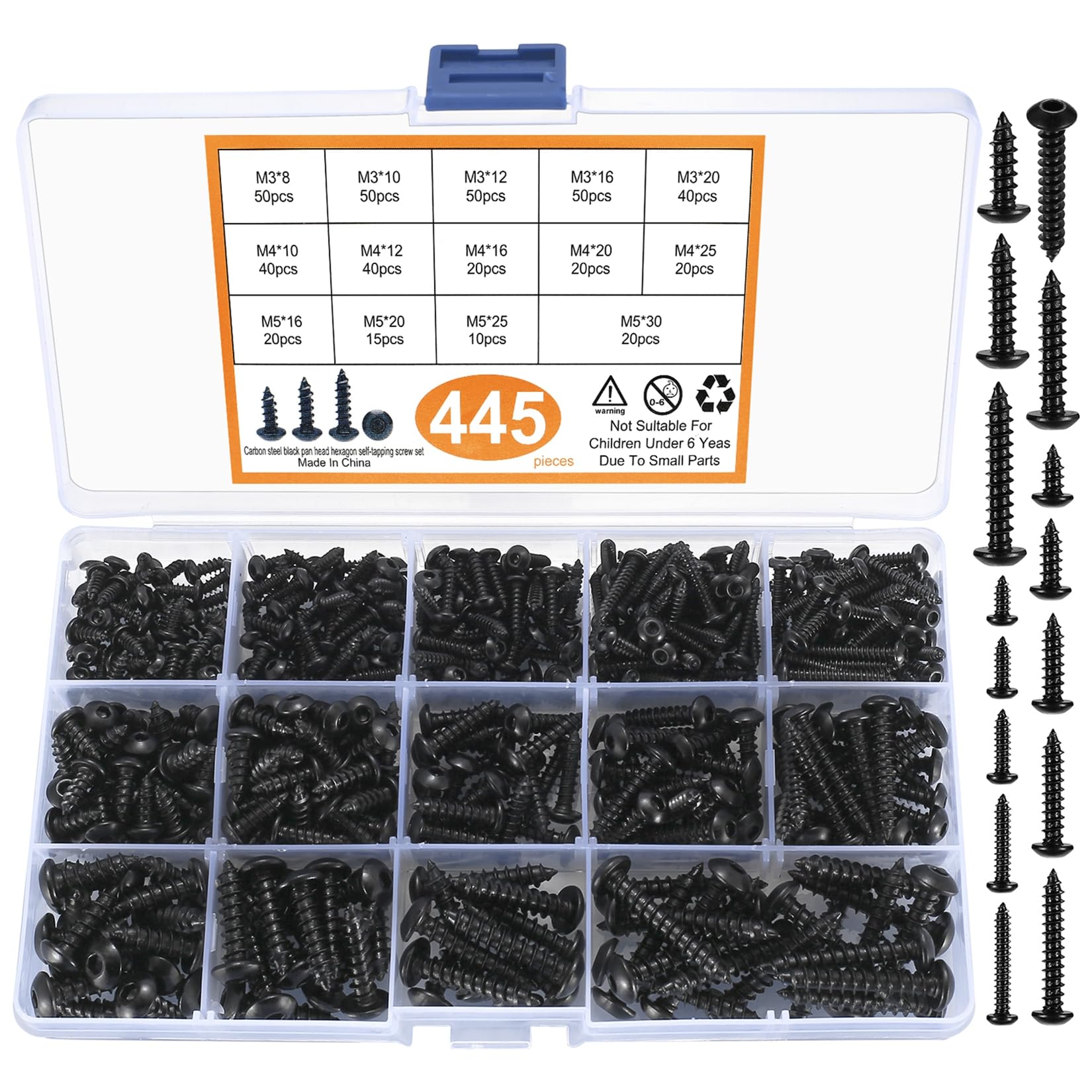 Hex Socket Self Tapping Screws, 445 Pcs Flanged Hex Socket Head Truss Head Screws, M3 M4 M5 Assorted Self-Tapping Screws Wood Screws, Black, Carbon Steel
