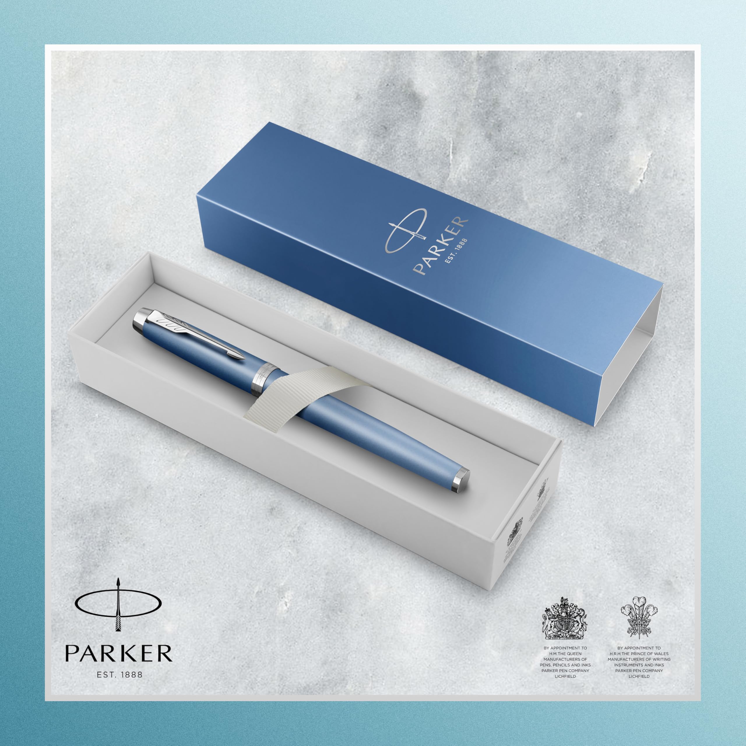 Pióro kulkowe Parker IM Writing Rituals, niebieski odcień Peaceful Blue z gradientem i chromowanym wykończeniem, końcówka fine, czarny atrament, opakowanie prezentowe