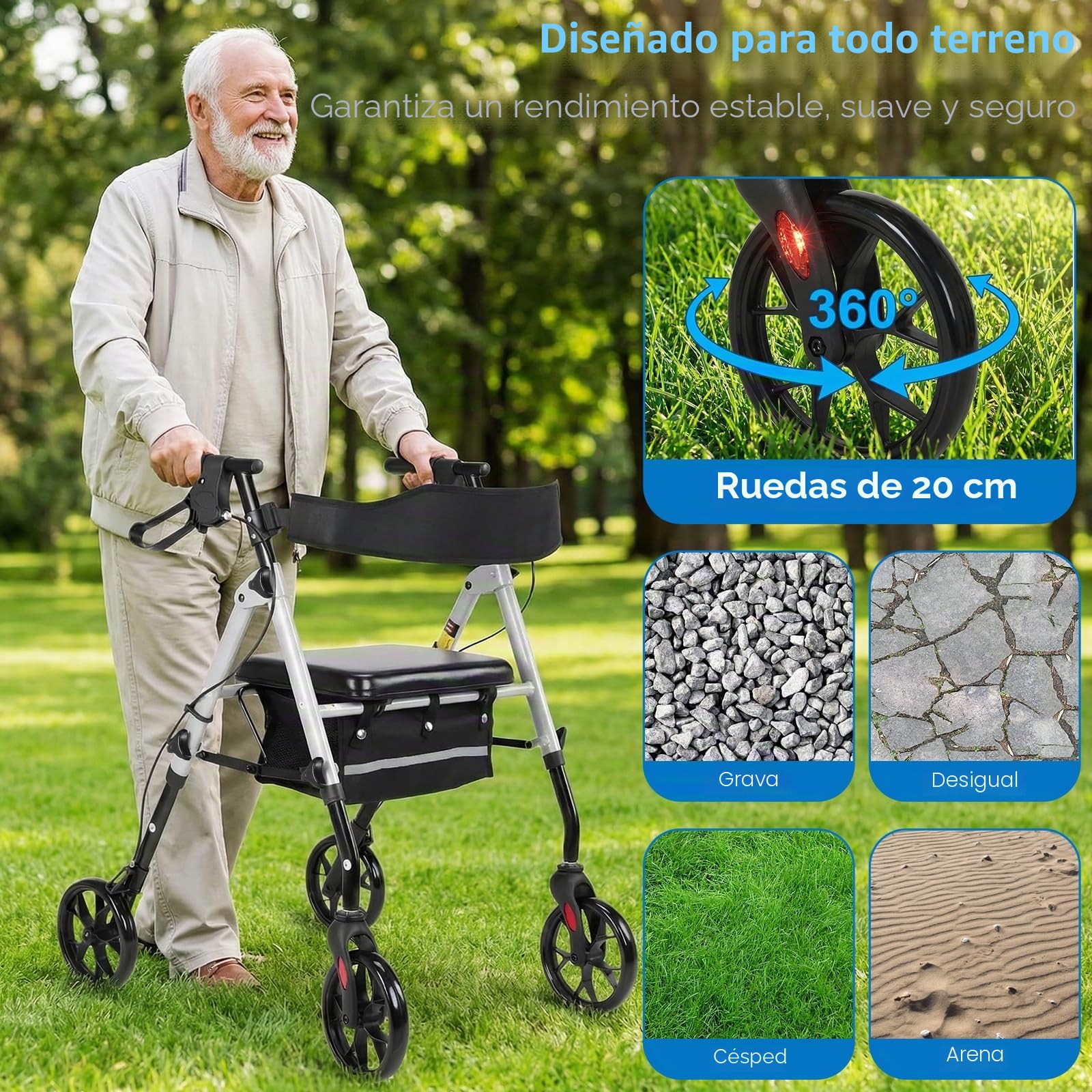 Andador para Ancianos, 4 Ruedas Andadores Adultos Plegable con Asiento | para Todo Terreno, Regulable en Altura Asiento y Mango de Altura, Frenos Manuales y Bloqueables, con Bolsa de Almacenamiento