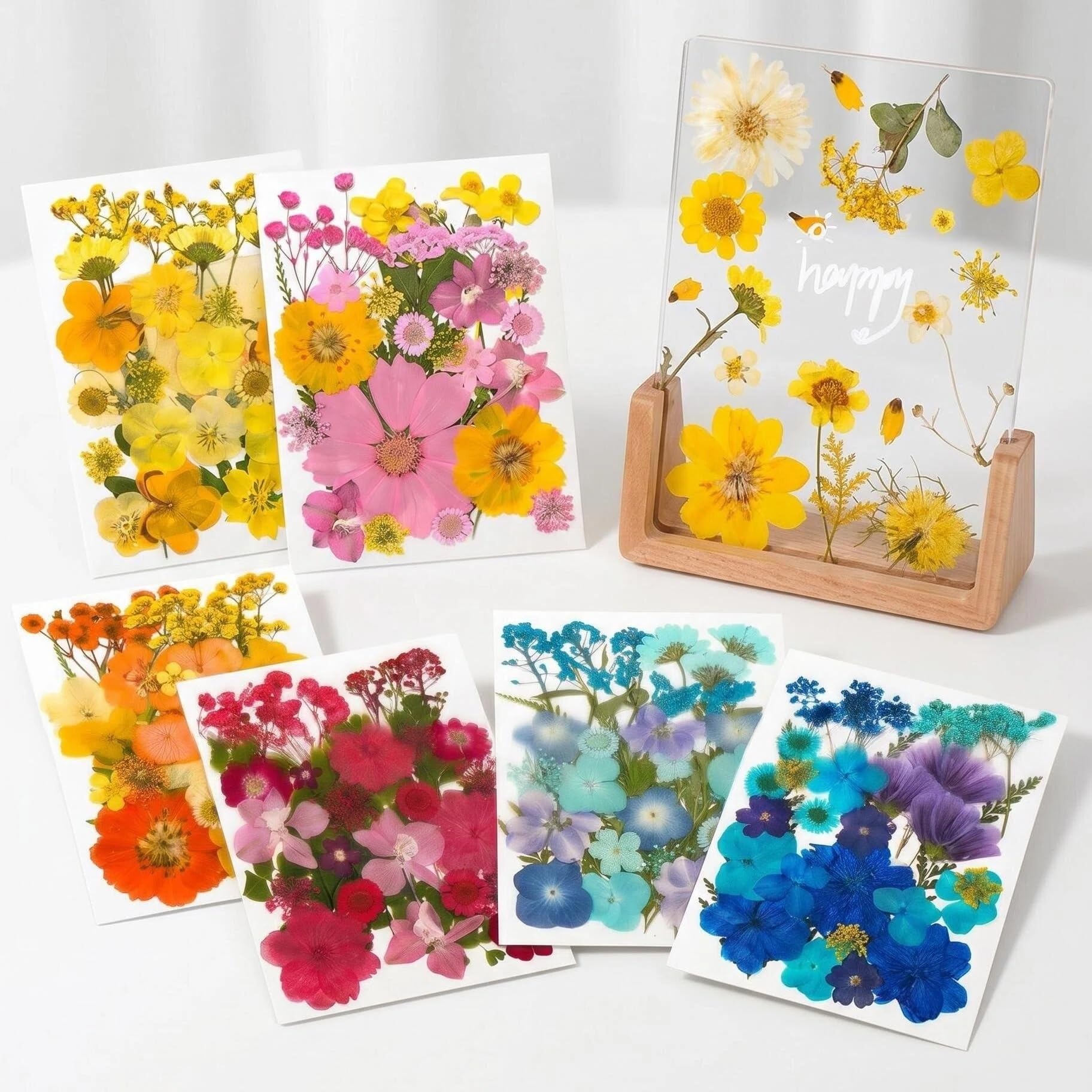 Kit de loisirs créatifs de fleurs séchées pressées, 180 feuilles de fleurs séchées à faire soi-même avec cadre en bois acrylique de 15,2 x 20,3 cm, 20 marque-pages pour art en résine, fabrication de