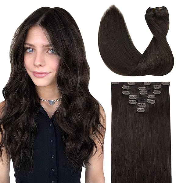 GOO GOO Clip in Hair Extensions Real Human Hair, Remy Human Hair Extensions Clip ins for Women, Natural Human Hair, 22inch 120g 7Pcs, 2A Light Brown