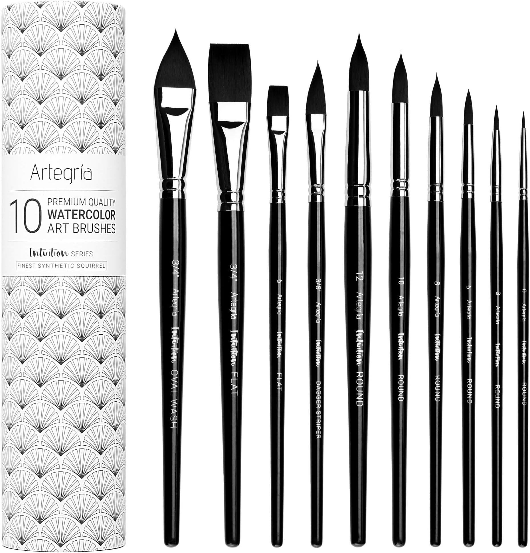 ARTEGRIA Watercolor Brush Set - 10 Professional Watercolor Paint Brushes for Artists - Soft Synthetic Squirrel Hair, Short Handles - Pointed Rounds, Flats, Dagger, Oval Wash for Water Color, Gouache