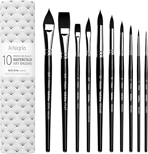 ARTEGRIA Watercolor Brush Set, 10 Professional Soft Synthetic Squirrel Paint
