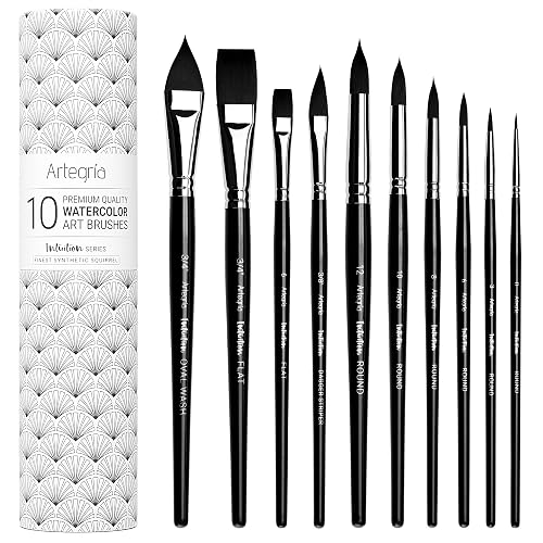 ARTEGRIA Watercolor Brush Set, 10 Professional Soft Synthetic Squirrel Paint