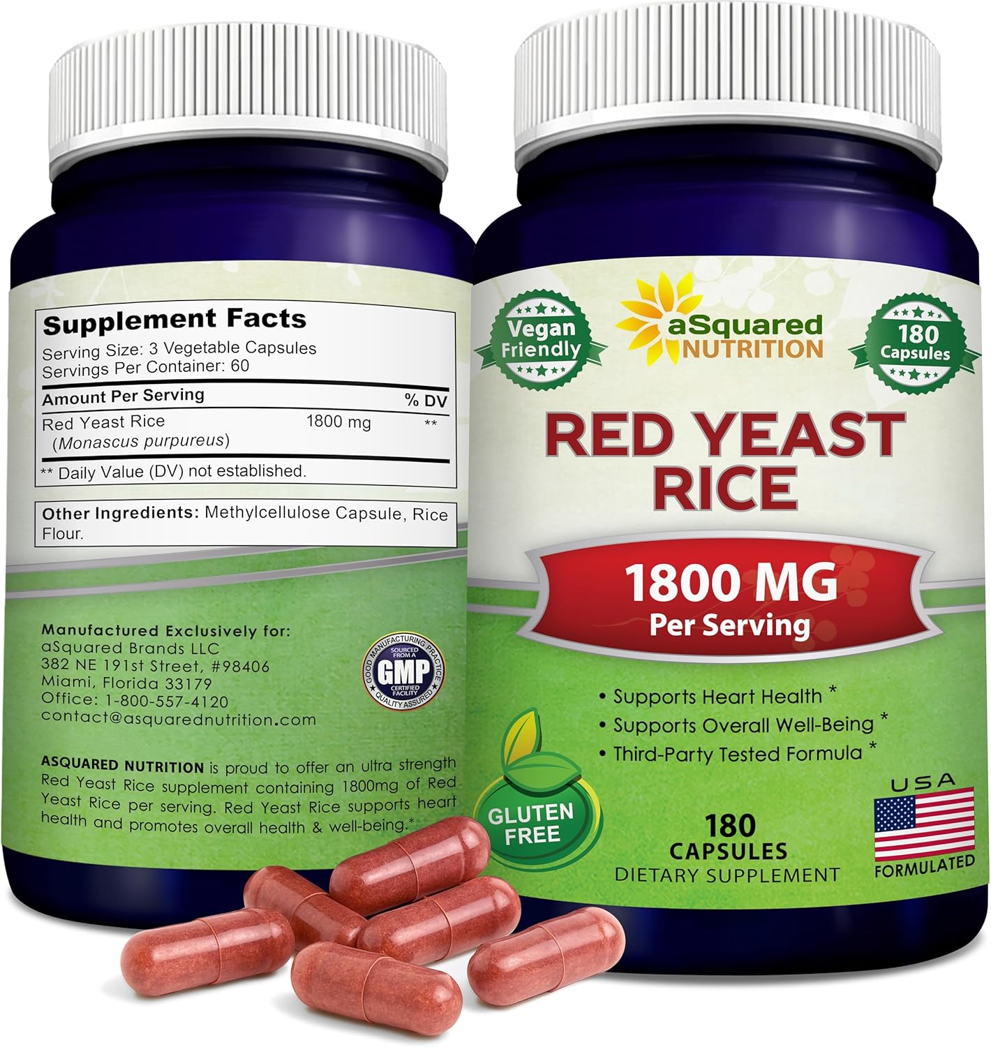 aSquared Nutrition Red Yeast Rice 1800mg – Dietary Supplement Vegan Powder Pills to Support Cardiovascular Health – 180 Veggie Capsules aSquared Nutrition Red Yeast Rice 1800mg – Dietary Supplement Vegan Powder Pills to Support Cardiovascular Health – 180 Veggie Capsules