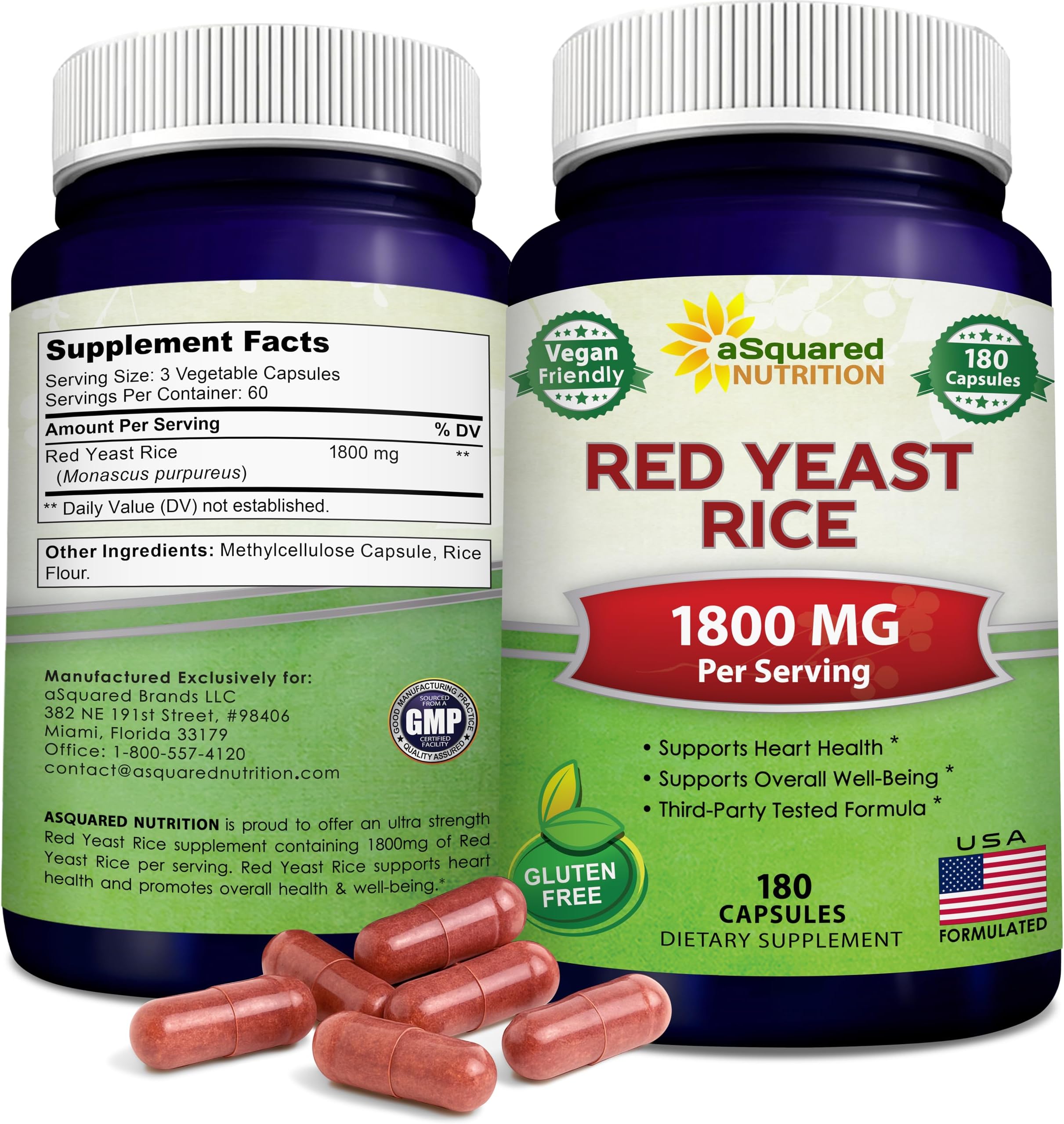aSquared Nutrition Red Yeast Rice 1800mg - Dietary Supplement Vegan Powder Pills to Support Cardiovascular Health - 180 Veggie Capsules