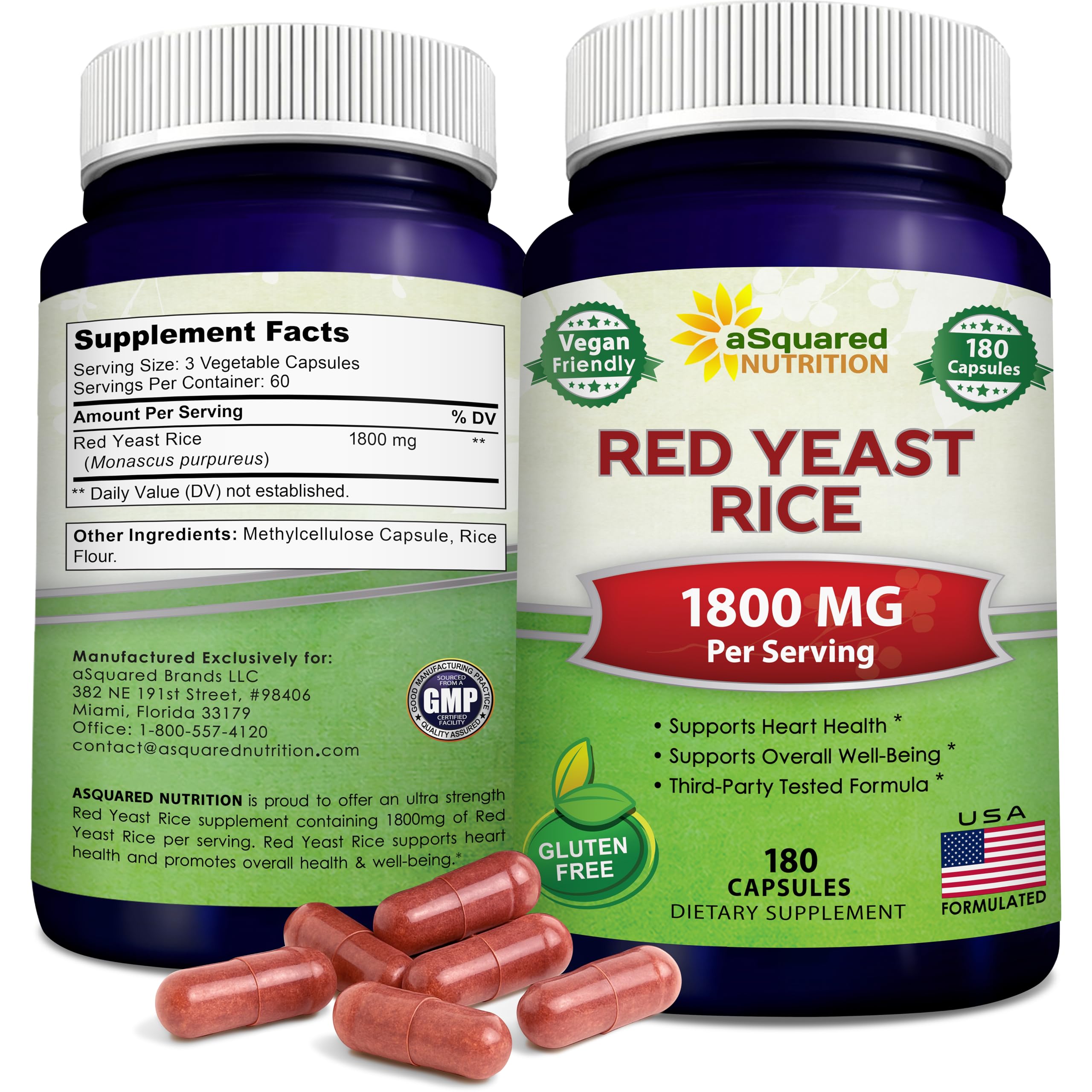 aSquared Nutrition Red Yeast Rice 1800mg - Dietary Supplement Vegan Powder Pills to Support Cardiovascular Health - 180 Veggie Capsules