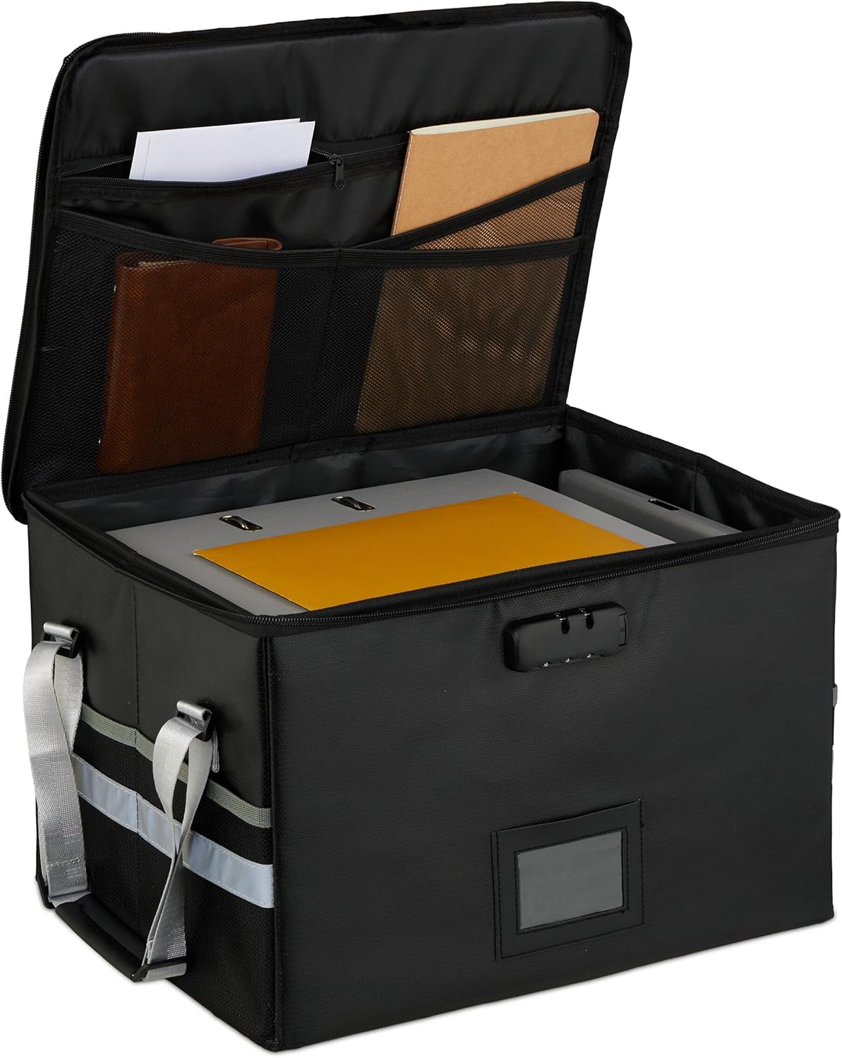 Relaxdays Portadocumenti Impermeabile, Borsa Portadocumenti Ignifuga per Documenti A4, Scatola da Viaggio, Chiusura a Combinazione, Nero, Plastica, Poliestere, Fibra di Legno, 27 x 40 x 33 cm
