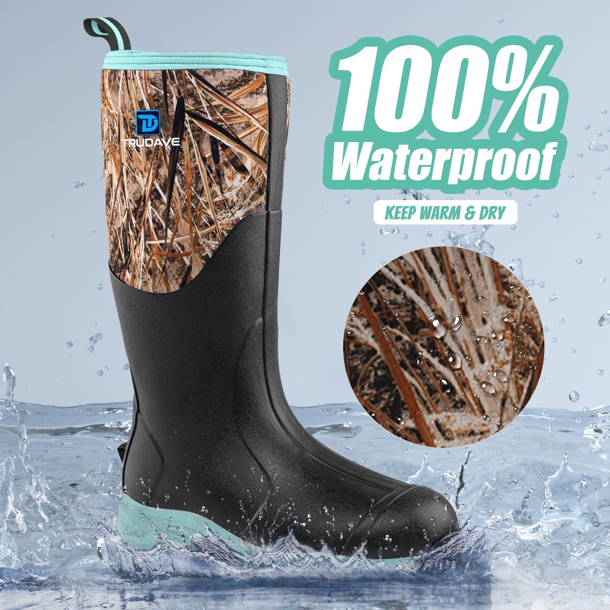 Trudave Rubber Boots for Women with Steel Shank, Waterproof Insulated Mud Rain Boots, 6mm Neoprene Anti-slip Outdoor Work Boots, Blue, Size 8