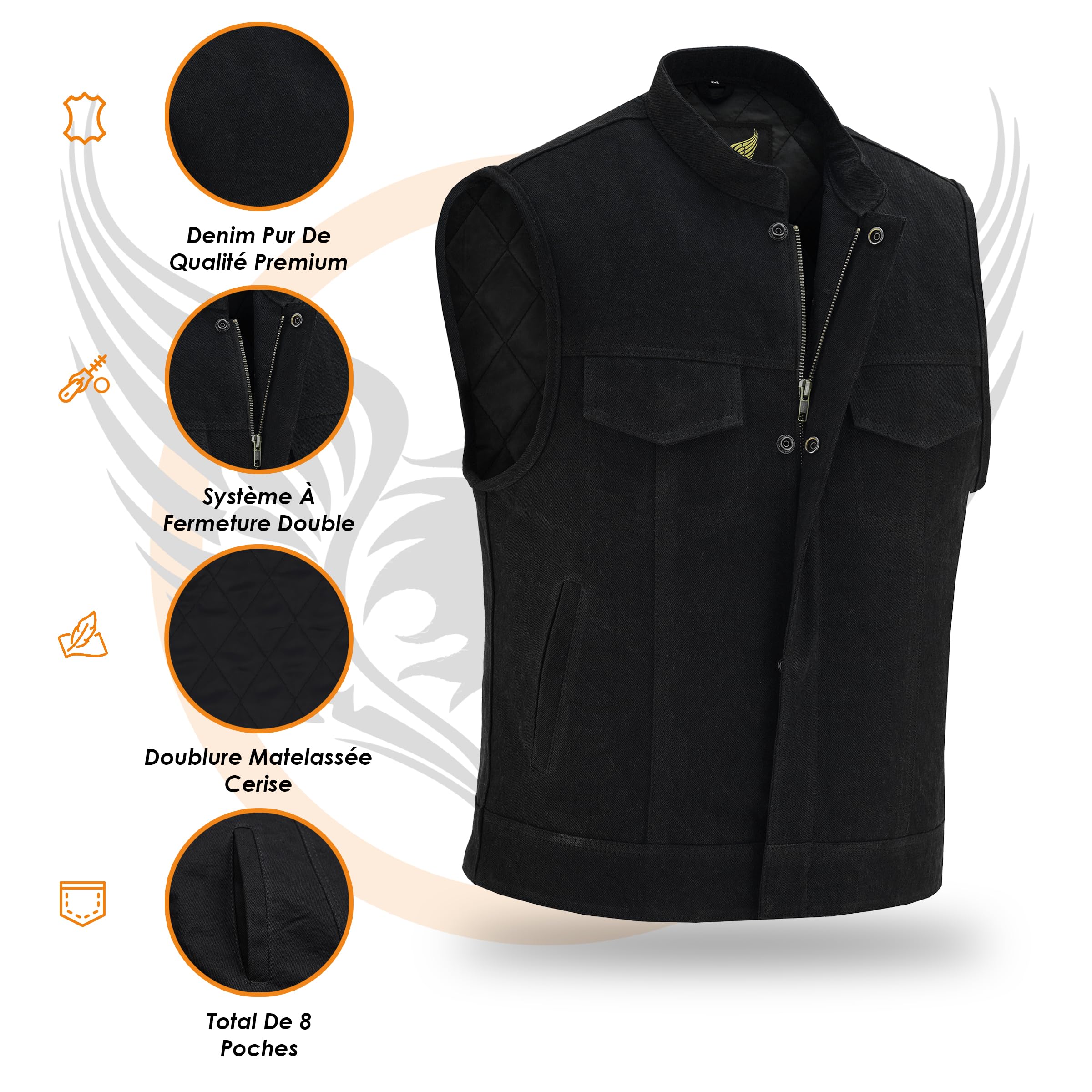 Leatherick SOA Gilet en jean noir pour homme - Gilet en jean avec doublure matelassée et multiples poches, style Bikers Club