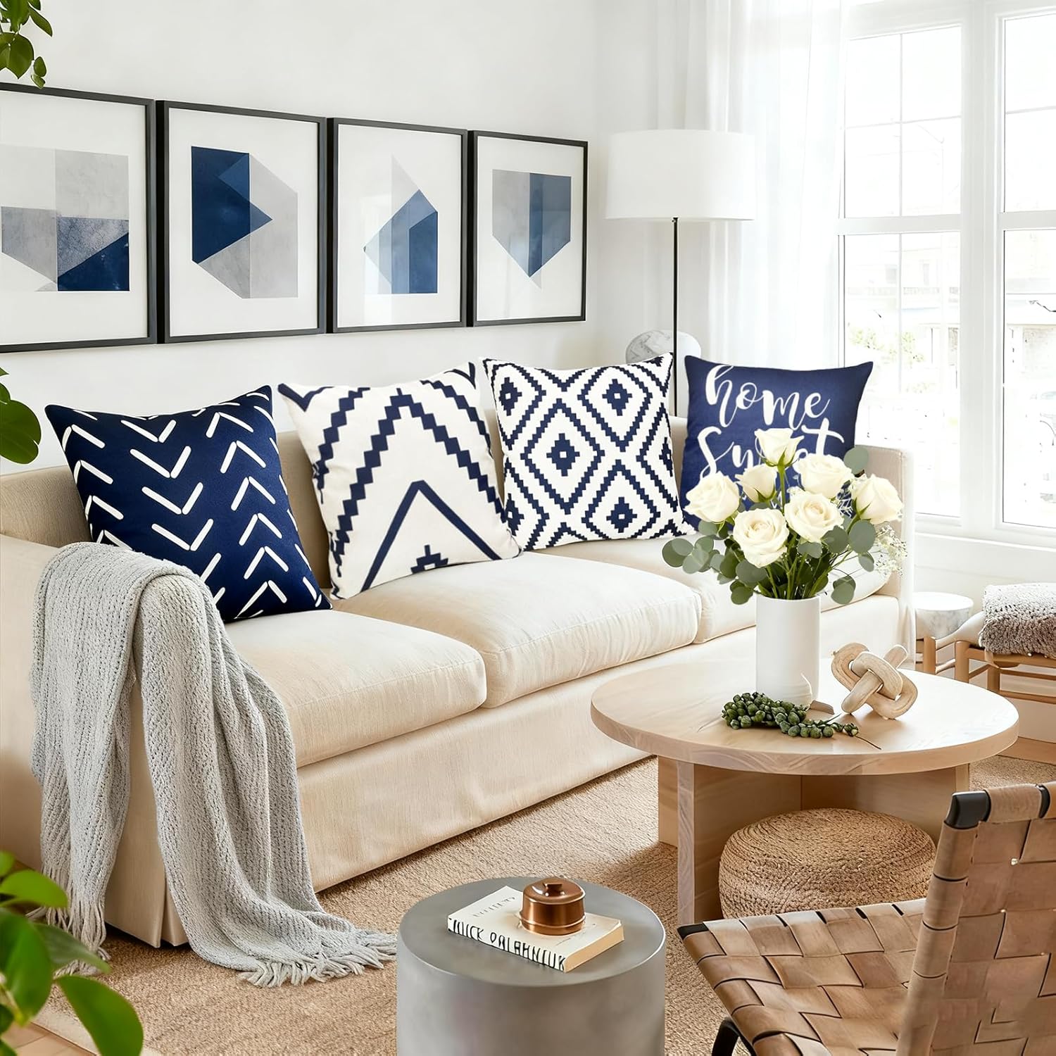 Decorative Throw Pillow Covers 22x22 inch Set of 4 Blue Pillow Covers for Couch Sofa Bed Living Room,Farmhouse Outdoor Throw Pillow Cover,Modern Geometric Linen Square Throw Pillow Cases